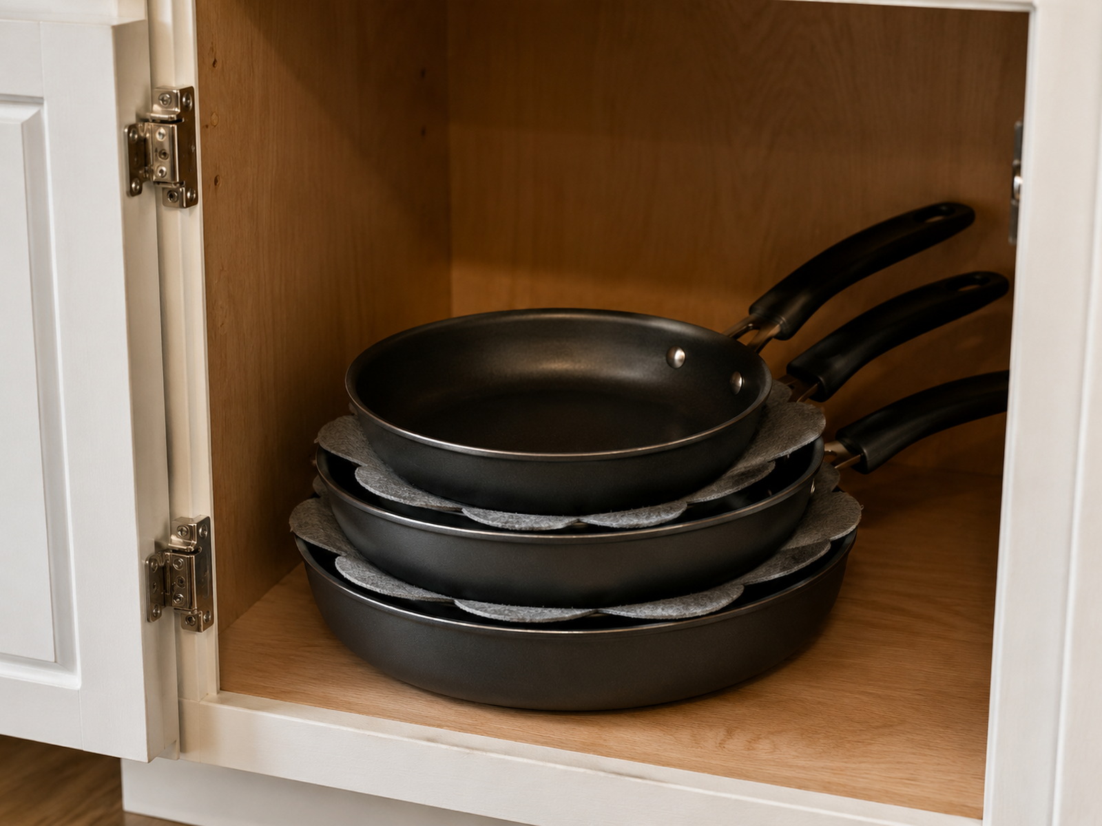 Three shallow pans nested in a small cabinet with plain felt separators between them and the top pan easiest to reach.