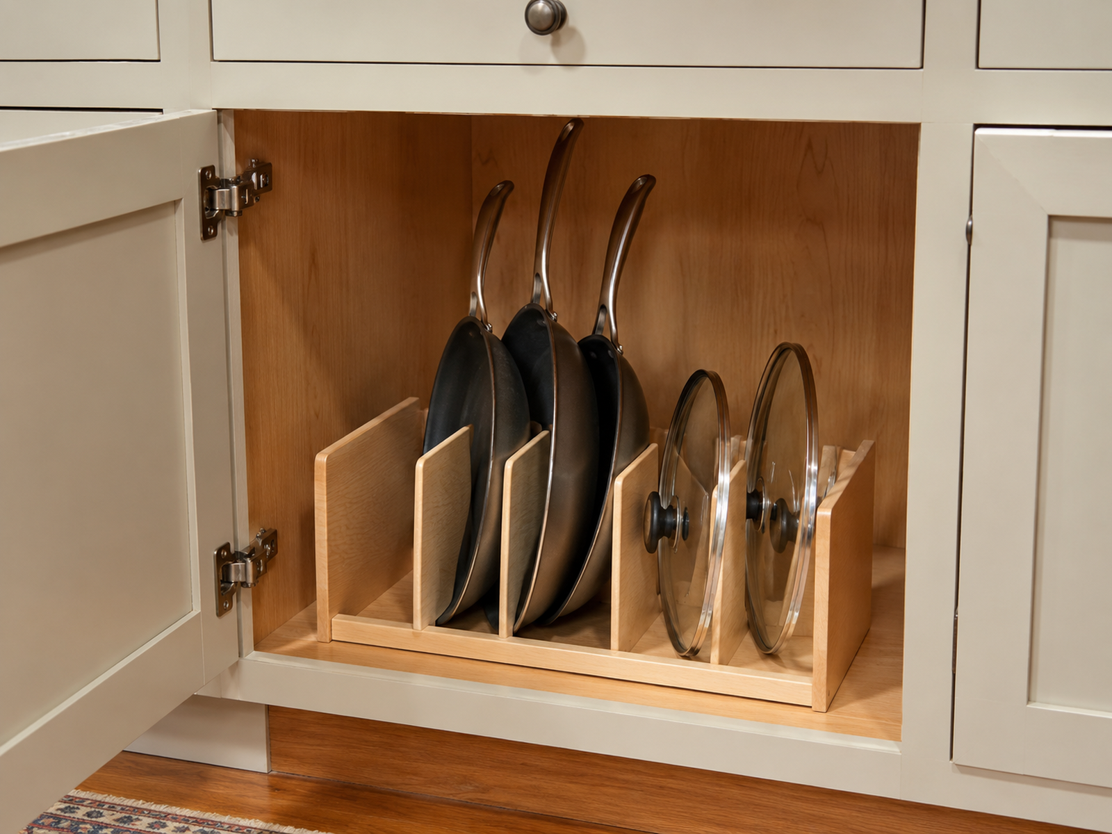 Thin pans and glass lids stored upright in separate slots of one freestanding divider inside a compact lower cabinet.