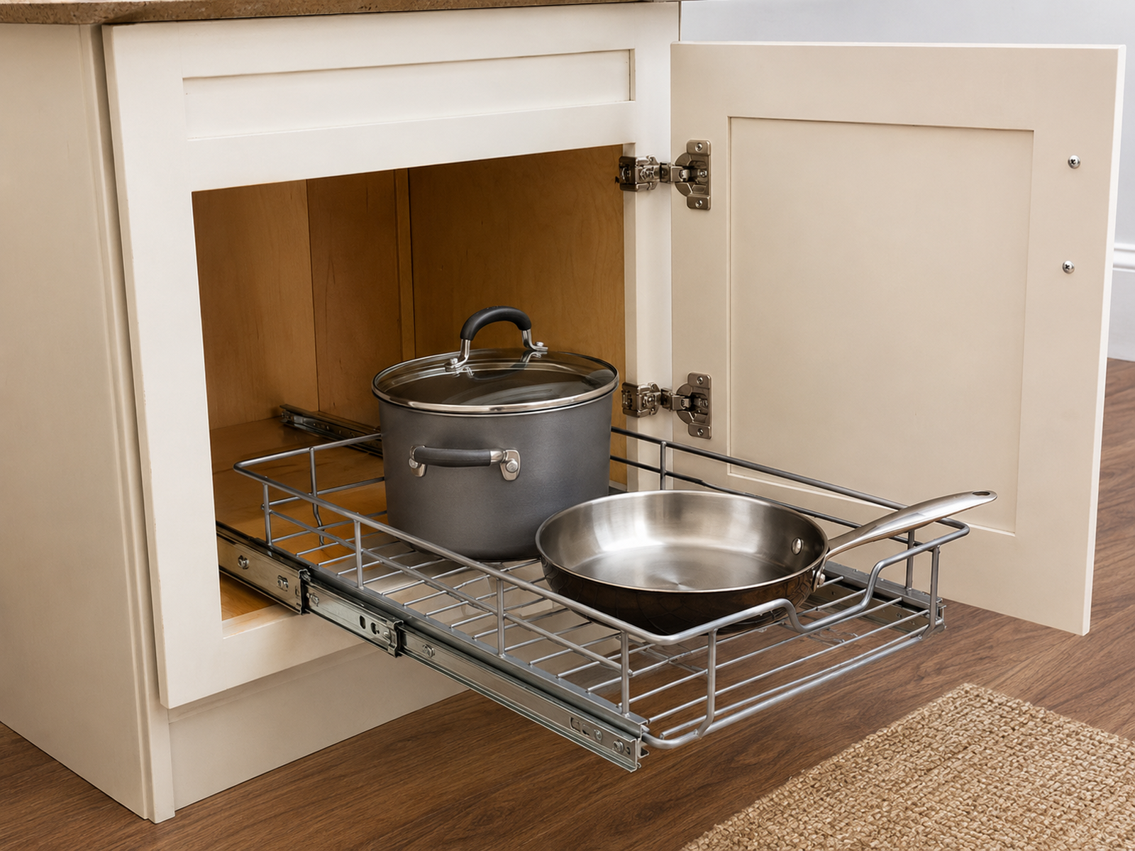 An installed cookware pull-out extended from a compact lower cabinet with visible telescoping slides and clear door and hinge travel.