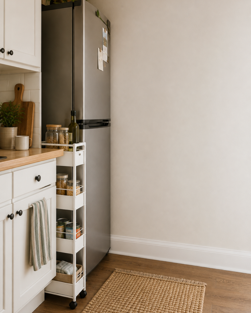 Slim rolling cart using a narrow gap beside a refrigerator in a compact kitchen.