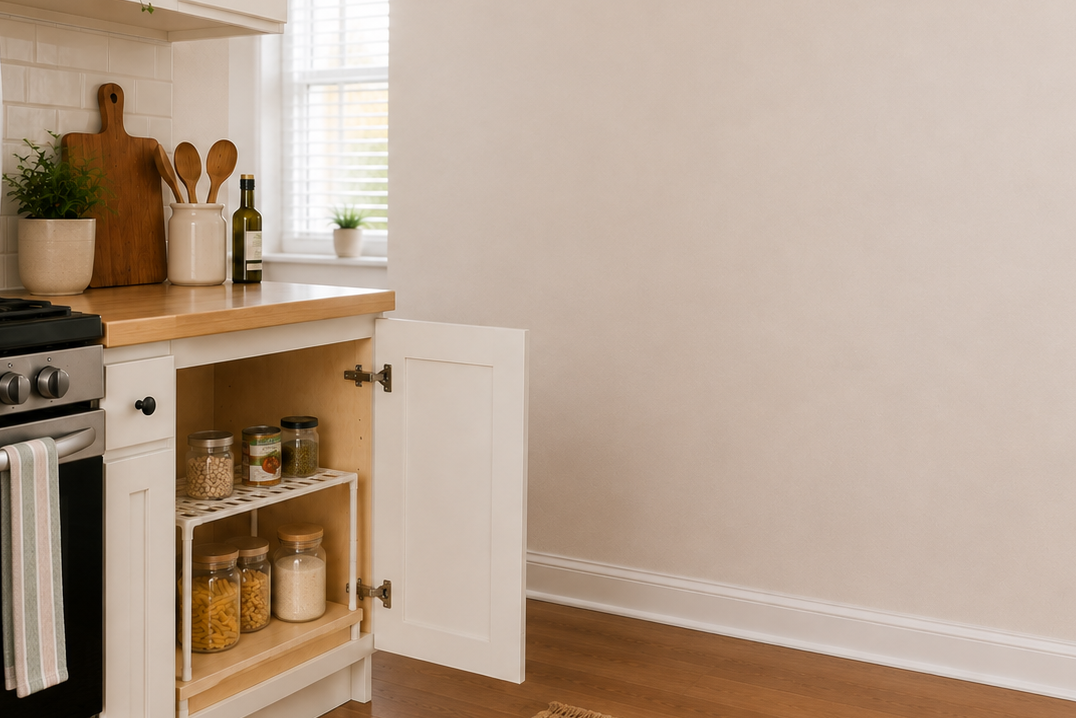 Organized lower kitchen cabinet with a shelf insert for pantry storage.