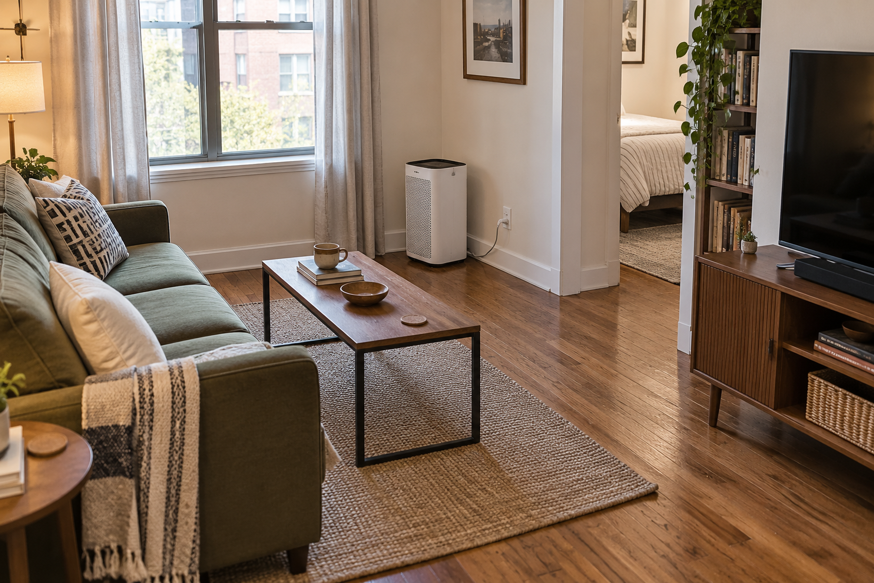 A floor air purifier in a small apartment living room with its intake and top outlet open, filter access clear, and its cord routed to a nearby outlet outside the walking path.