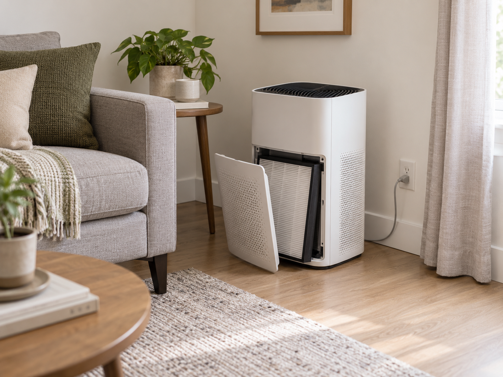 A floor air purifier in a compact living room with its service panel open, filter visible, airflow areas clear, and space to remove the filter without moving nearby furniture.