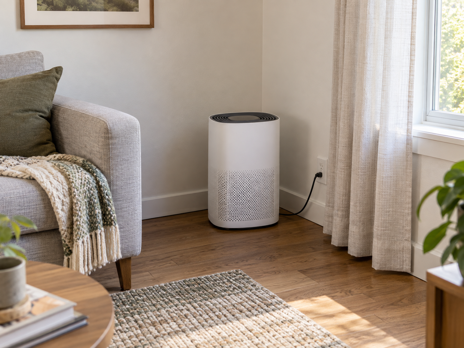 An air purifier in a compact two-wall corner with the sofa and curtain held clear, open floor access in front, and its cord routed along the wall.