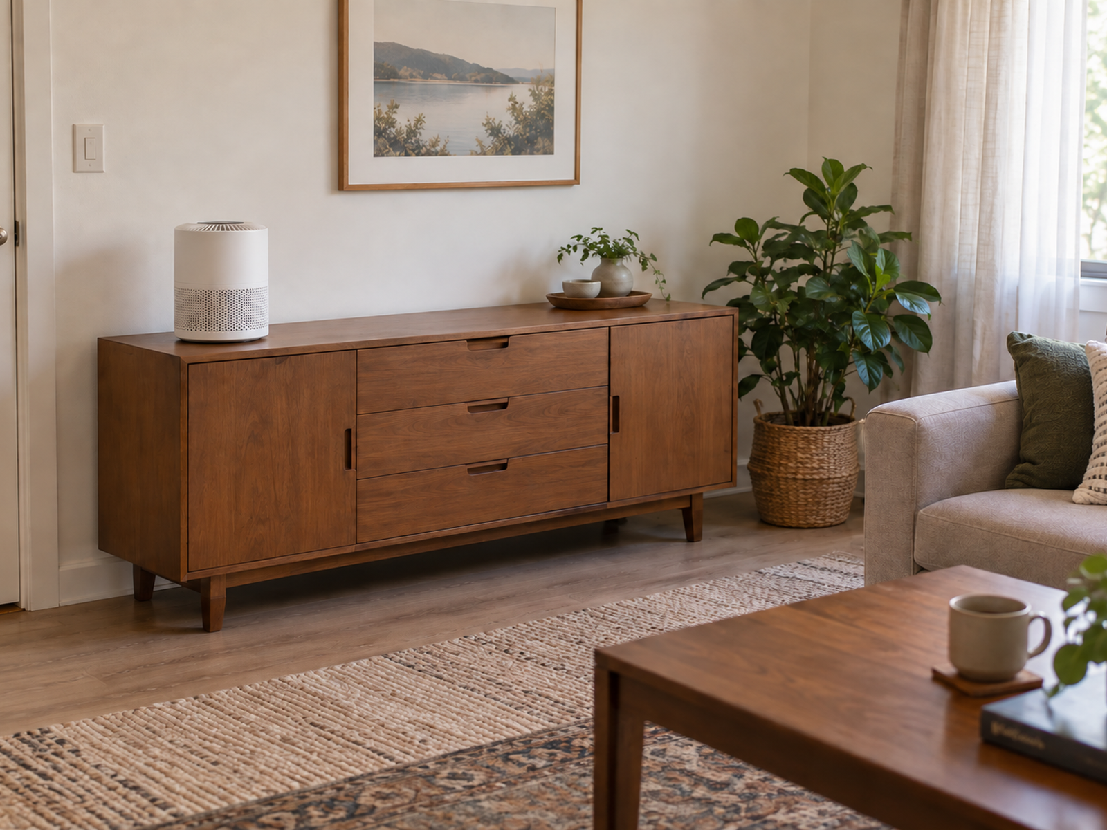 A compact tabletop-capable air purifier fully supported on a wide, stable sideboard with its intake, outlet, and service area kept clear.