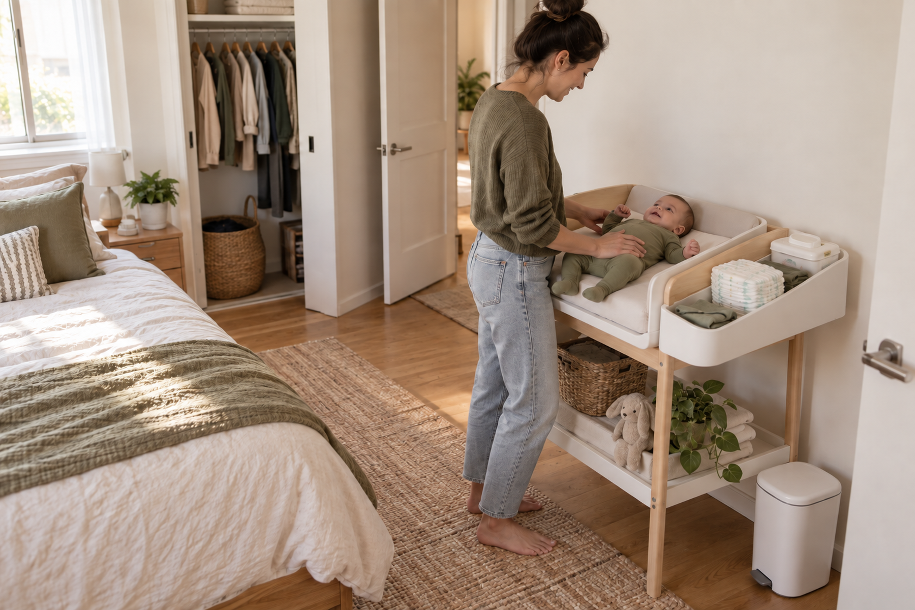 A caregiver using a compact changing station in a small bedroom with diapers and wipes within reach and clear access to the closet and door.