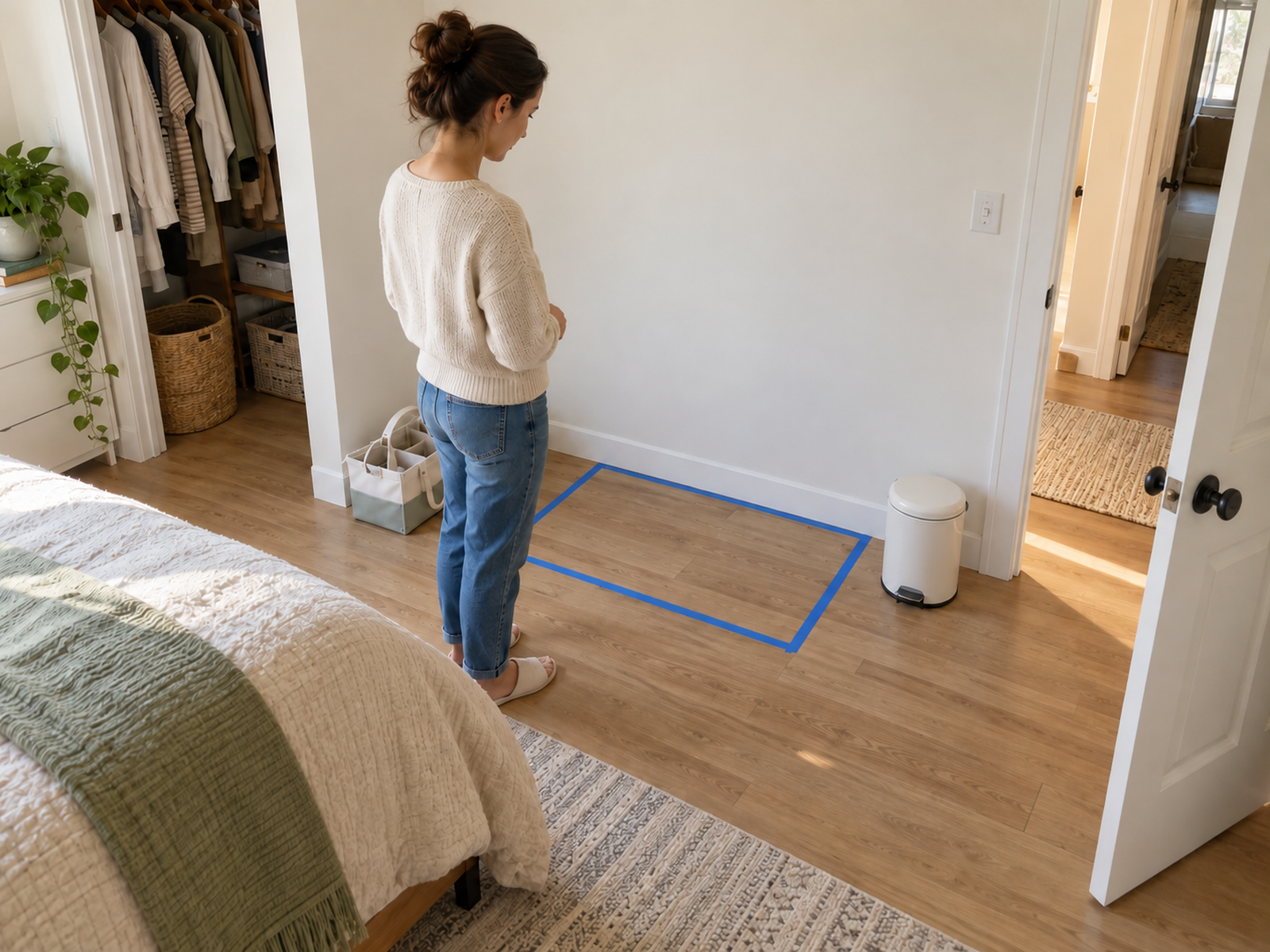 Painter's tape marks a future changing-table footprint beside a bed while an adult tests standing room and the closet and door paths remain clear.