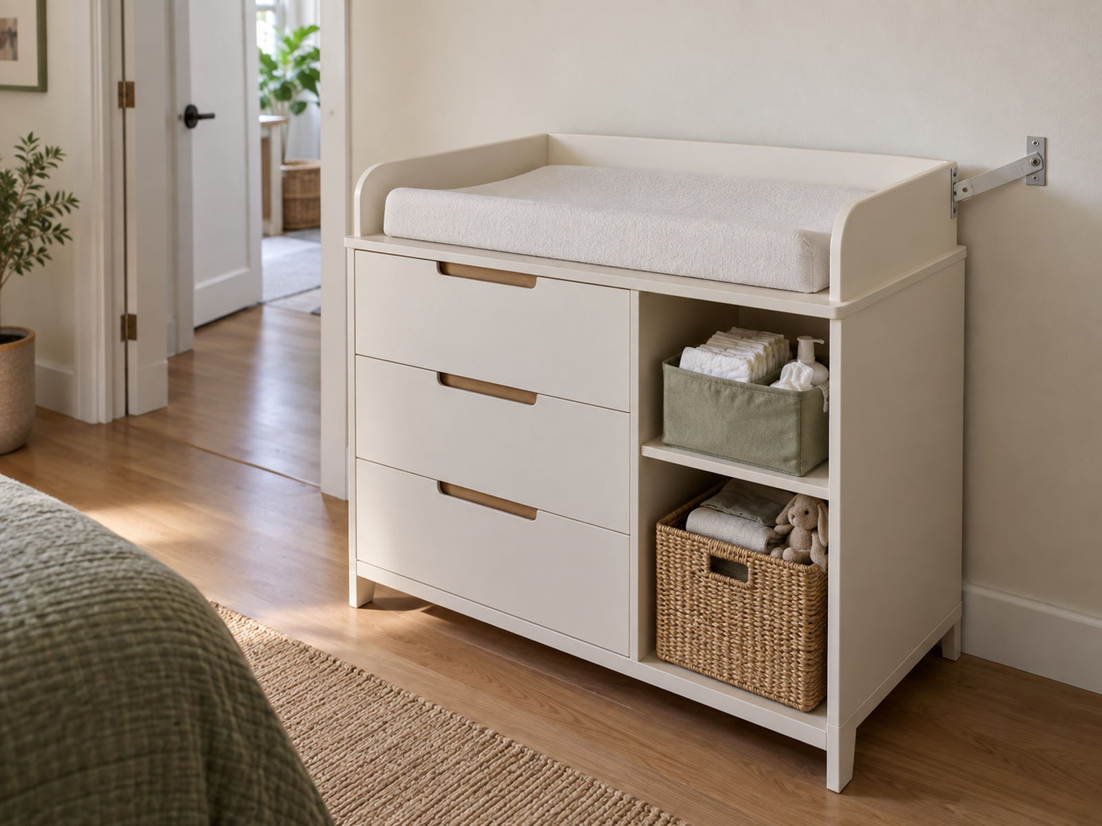 A purpose-designed convertible changing cabinet with integrated storage and a visible anti-tip strap mechanically secured to the wall.
