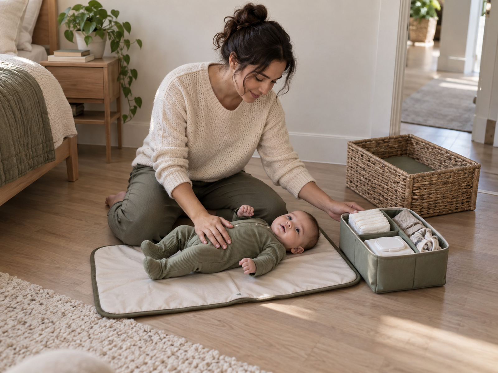 A caregiver using a floor-level changing mat in a clean low-traffic bedroom area with a compact diaper caddy within reach.