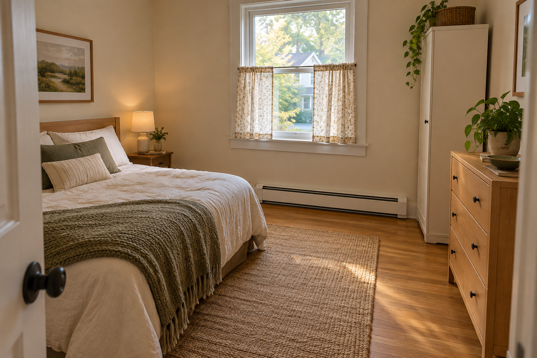 A small apartment bedroom keeps baseboard heat clear while the bed and storage use adjoining non-heated walls.