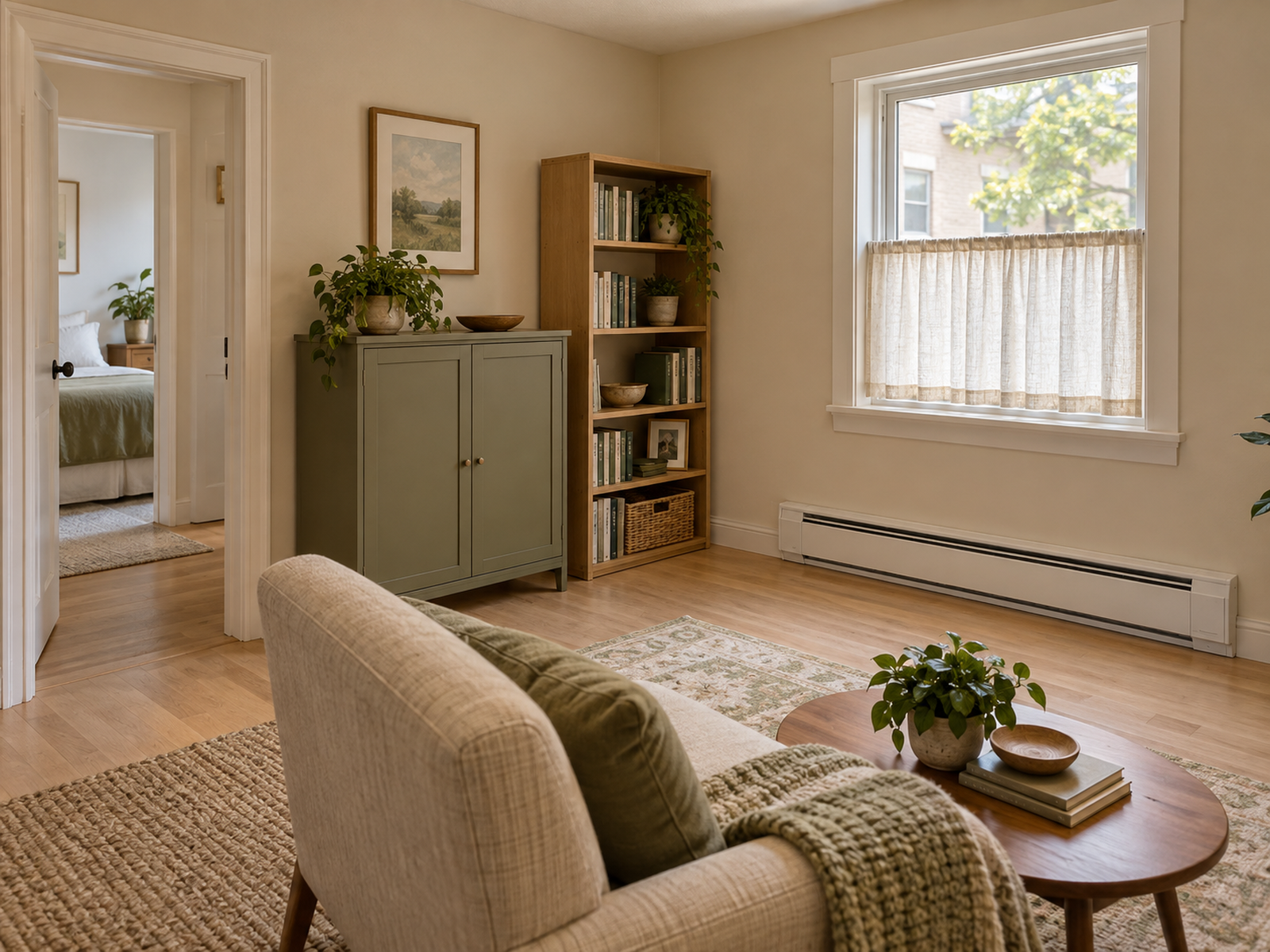 Dense freestanding storage uses a non-heated wall in a small room while the baseboard-heater wall stays clear.