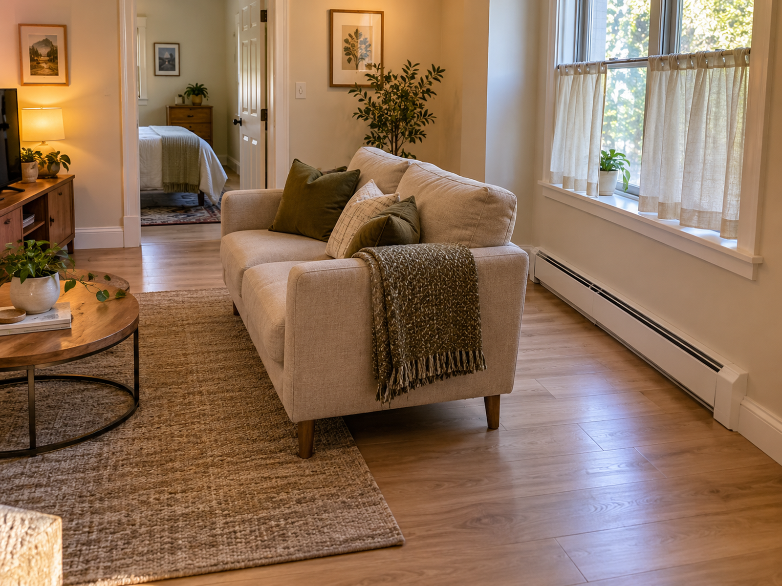 A compact sofa is floated forward from a baseboard-heater wall while leaving a clear route around the furniture.