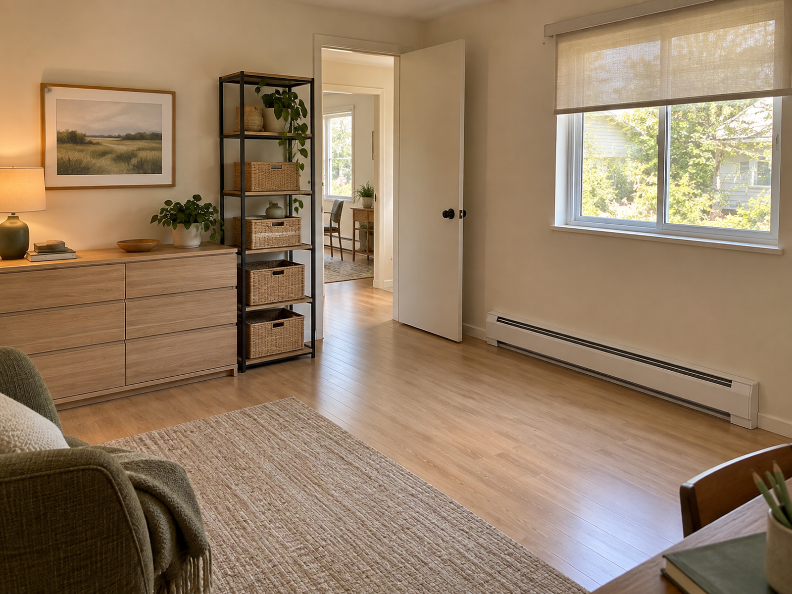 Storage is concentrated on a clear interior wall while a baseboard-heater wall remains open and unobstructed.