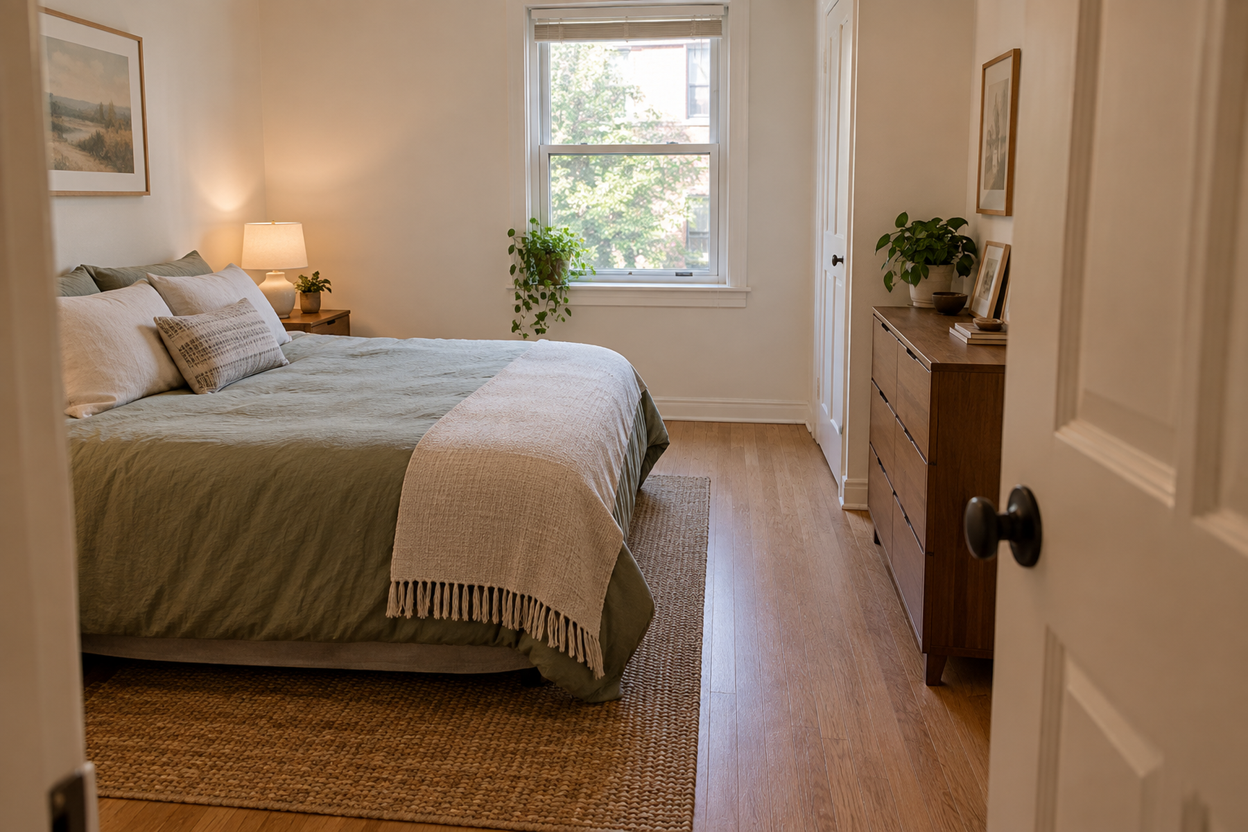 A compact rental bedroom with the bed and dresser arranged so the doorway, walking route, and accessible window remain unobstructed.