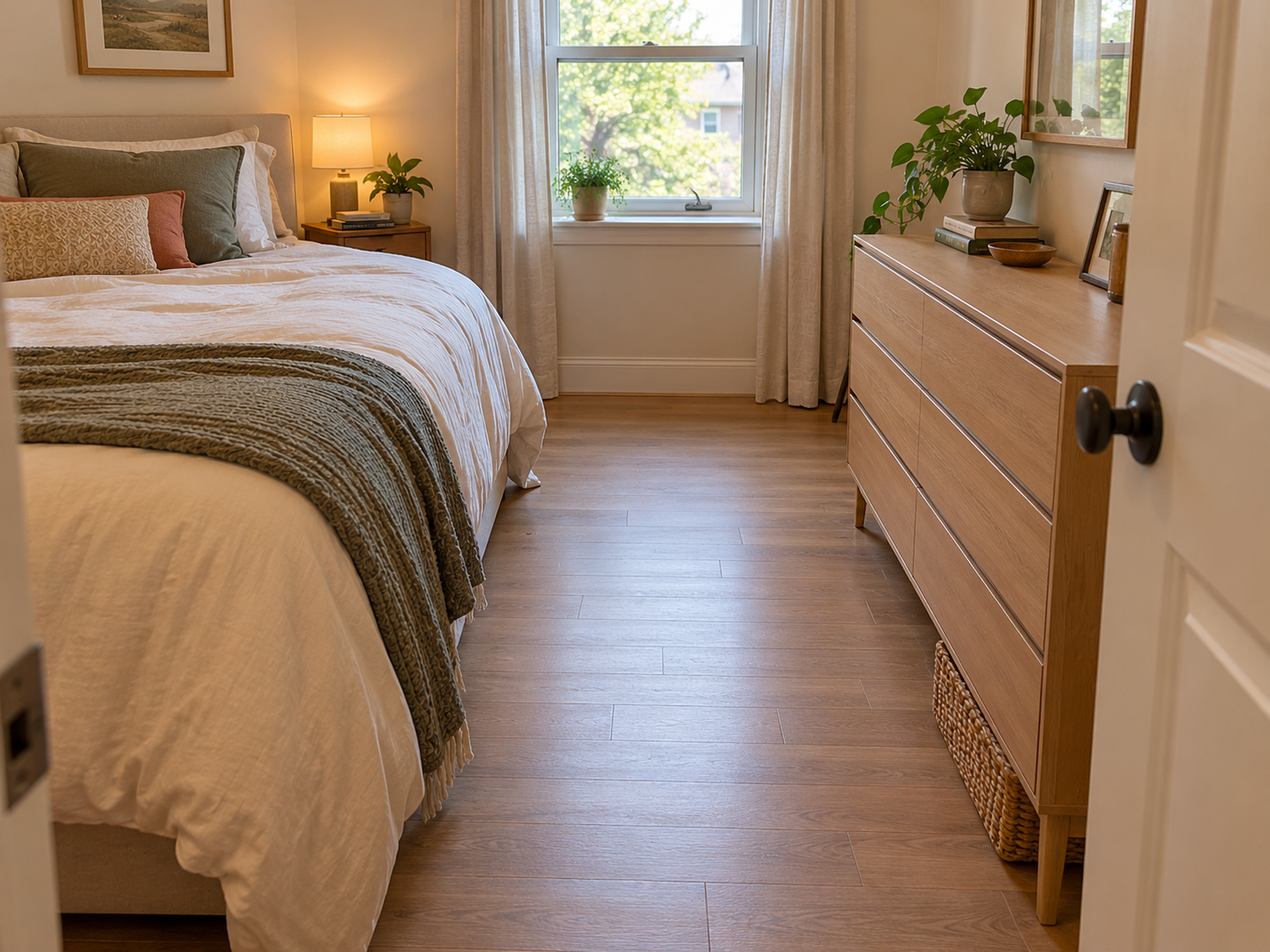 A furnished small bedroom keeps a clear everyday path between the open door, bed, low dresser, and accessible window.