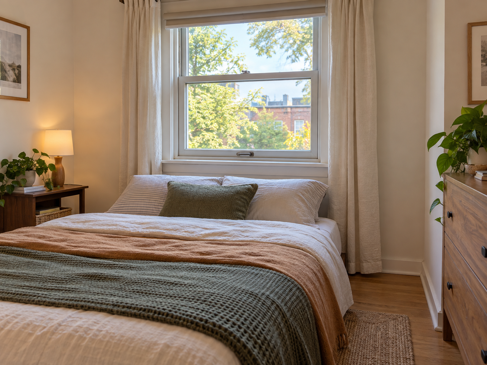 A low-profile bed sits below a bedroom window without a headboard, leaving the sill, sash hardware, curtains, and side approach visibly usable.