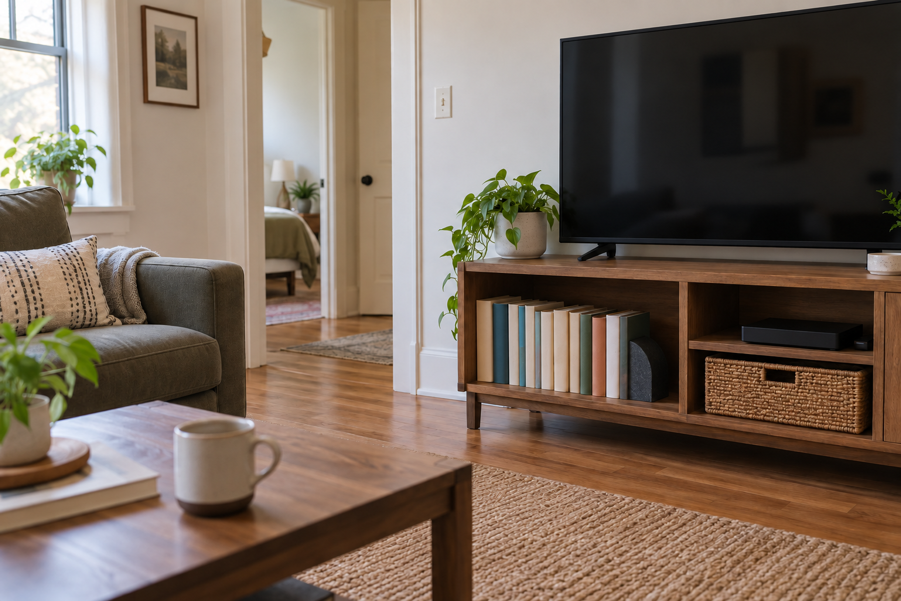 Plain-spined books stored upright on a sturdy existing media console in a small apartment with no separate bookcase and an open walking route.