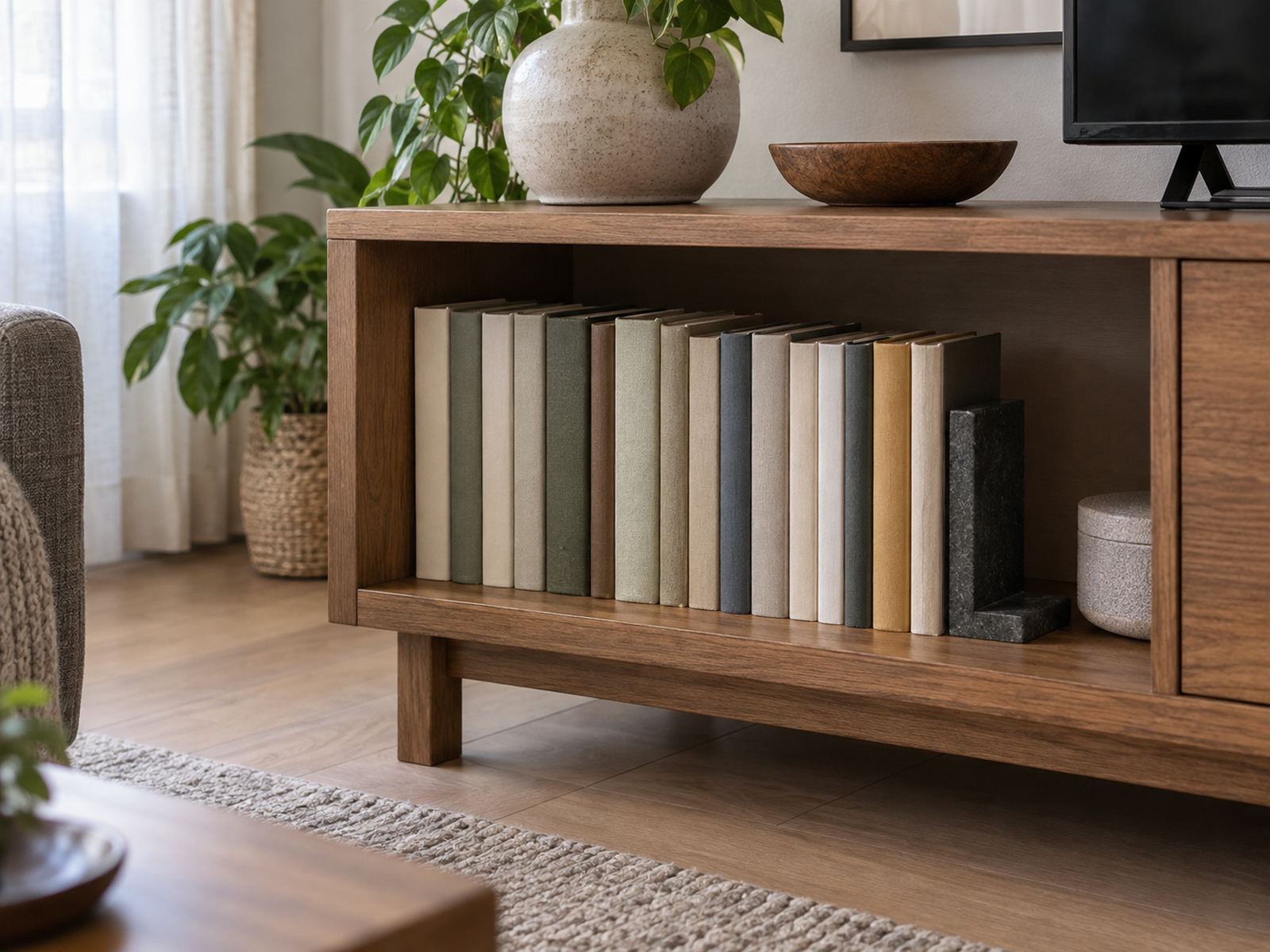 Ordinary books stored upright between a sturdy cabinet side and a bookend on a level low shelf away from direct sunlight.