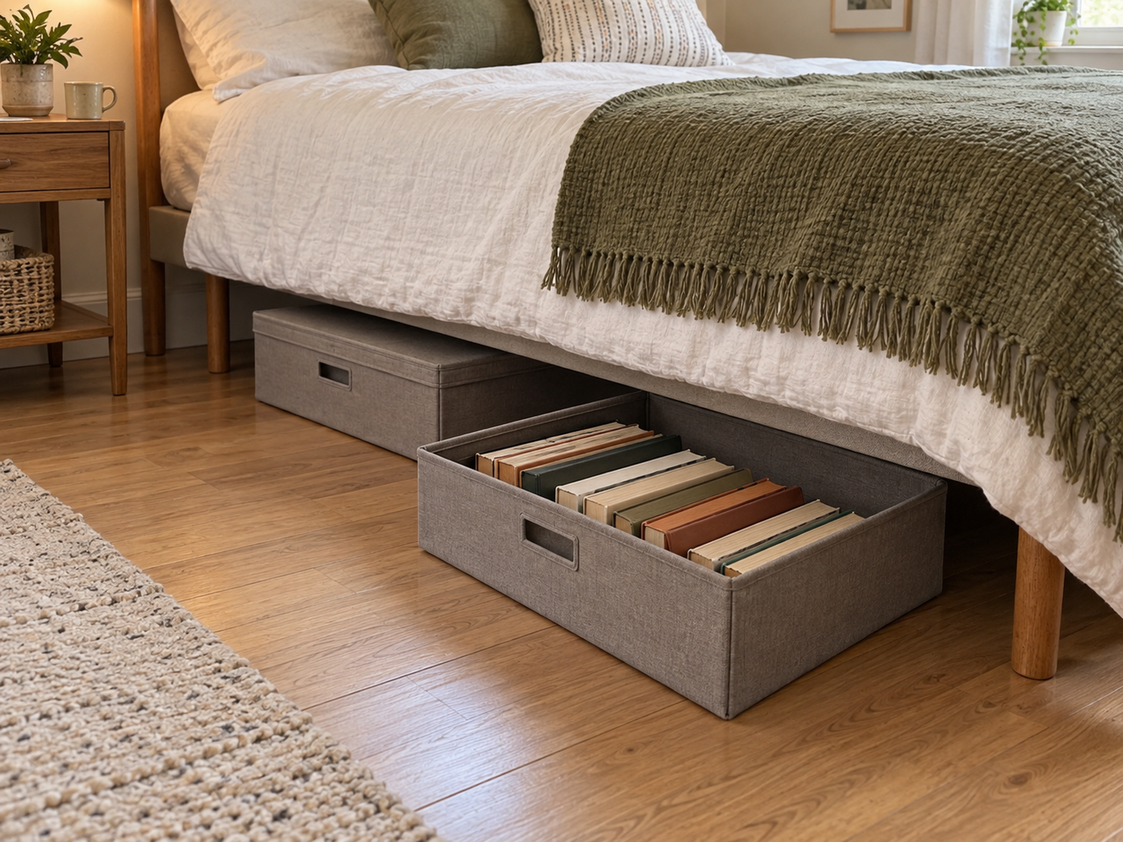 Low-frequency books stored in two shallow under-bed containers on a dry floor, with one container pulled out for easy retrieval.