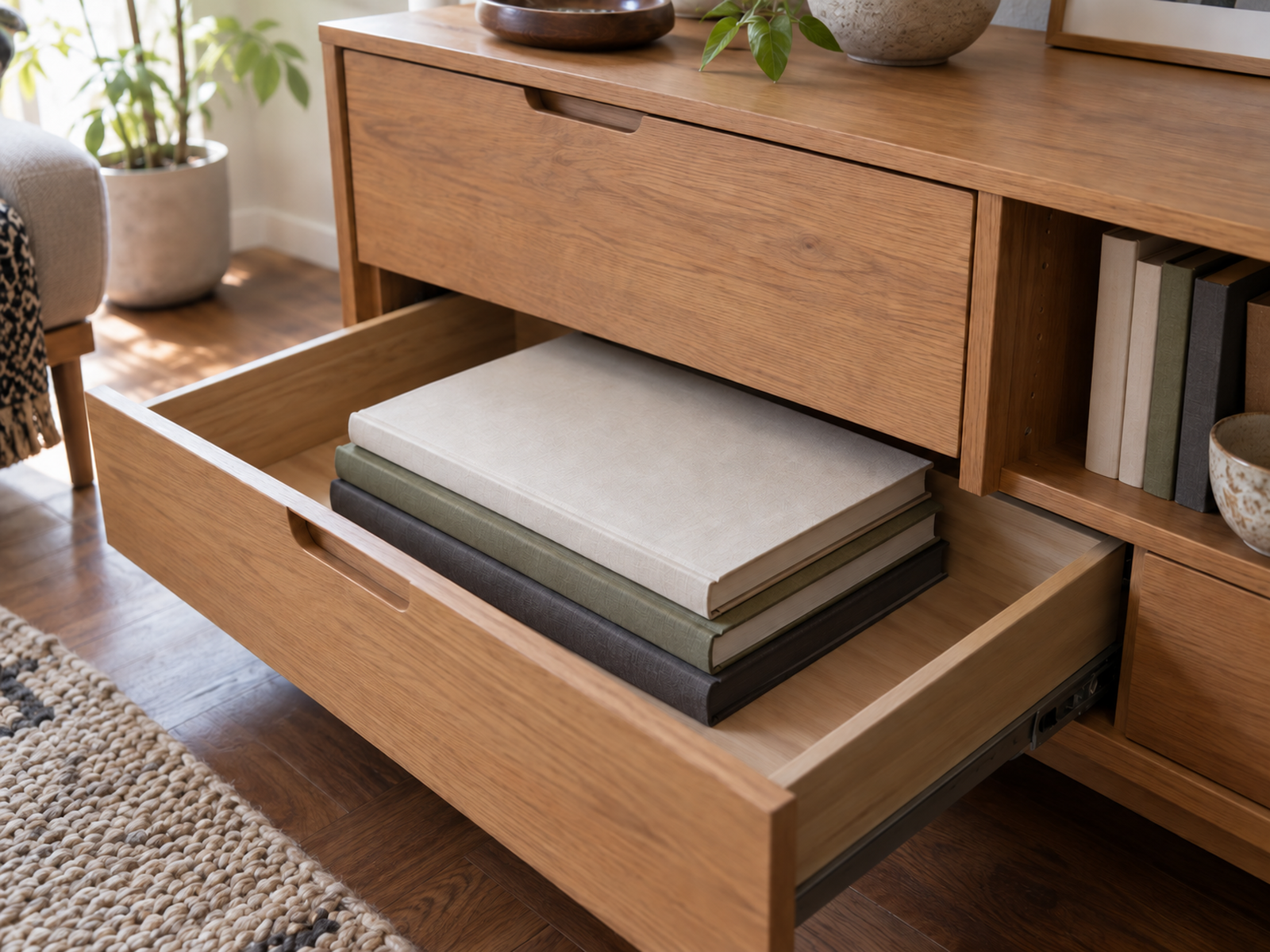 Three oversized books stored flat and fully supported in an open low drawer with clear space for easy retrieval.
