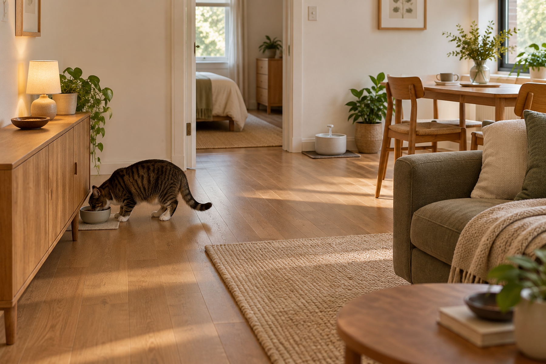 Small apartment with a cat eating along one quiet room edge and a water fountain in a separate micro-zone while the main walkway stays clear.