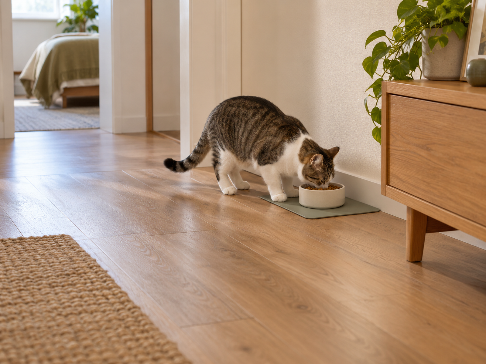 Cat feeding area along a quiet wall edge with open approach and exit space and an unobstructed path for lifting the bowl.