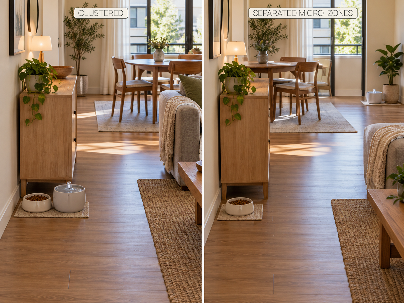 Comparison of cat food and water clustered on one mat versus placed in separate small room-edge zones within the same compact apartment.