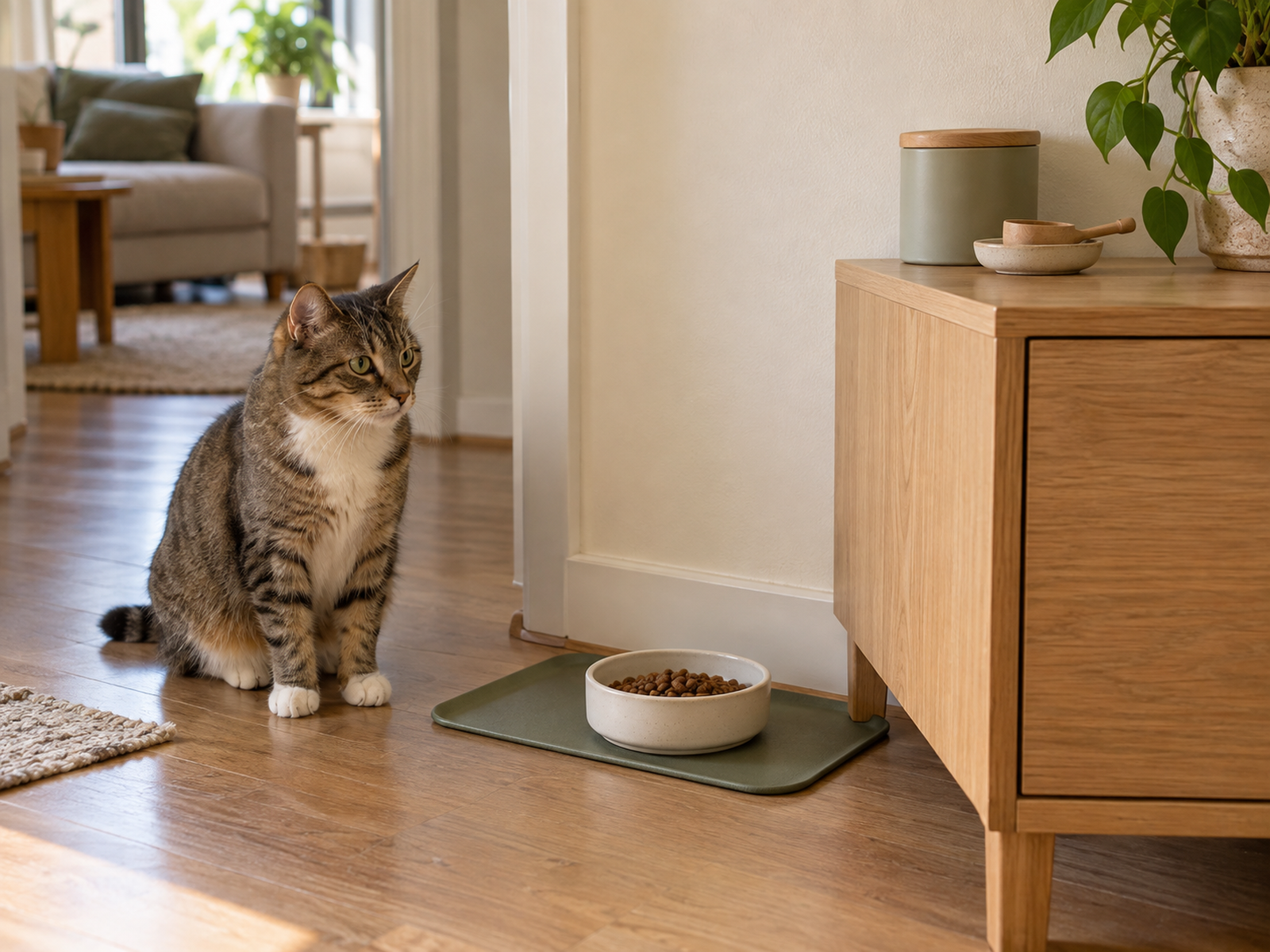 Compact cat food zone with a removable bowl on a washable mat and only a small daily food canister and scoop nearby.