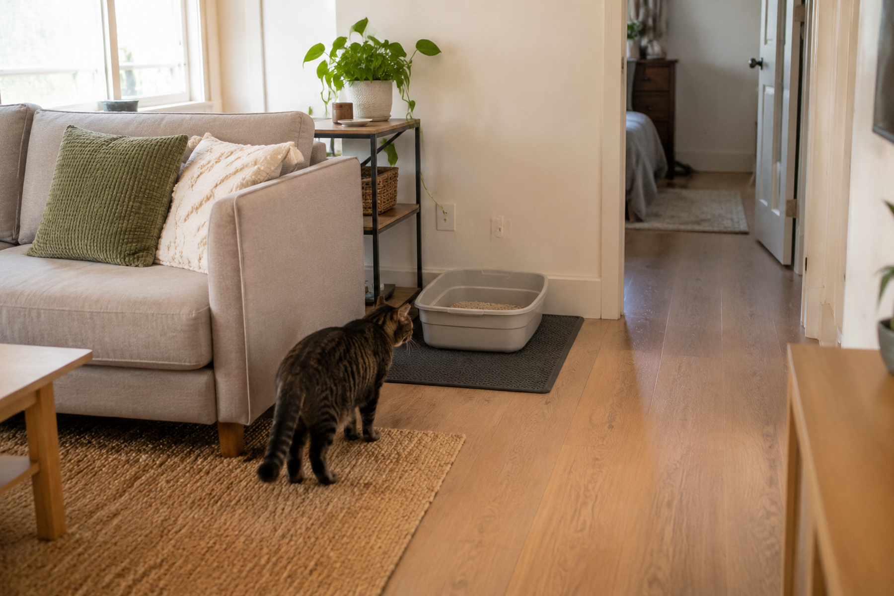 An open litter box on a removable mat sits at the low-traffic edge of a compact living room, with a cat approach and the hallway walkway left clear.