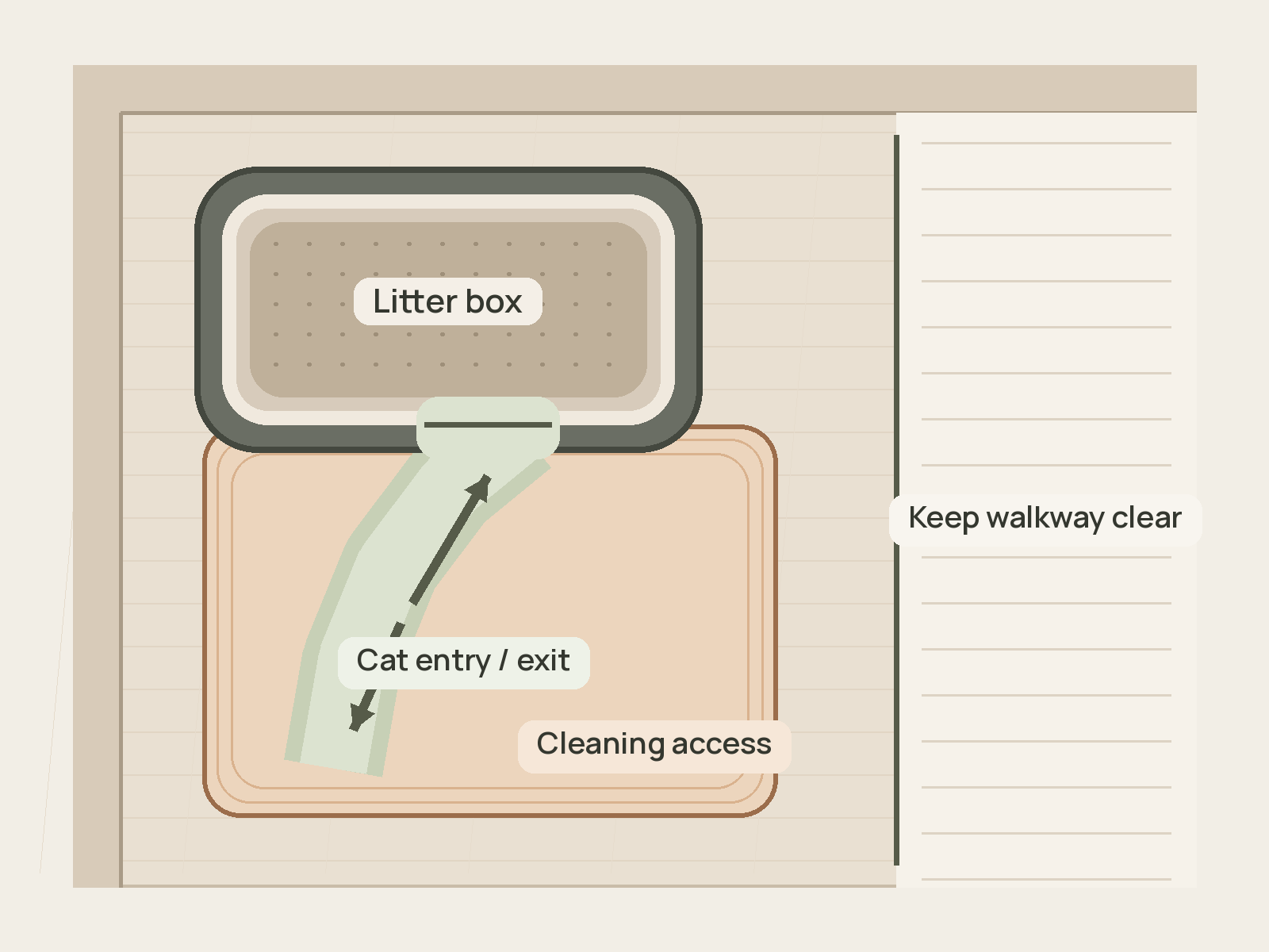 Top-down diagram of a litter box with a two-way cat entry and exit route crossing the adjacent cleaning-access area while a separate human walkway remains clear.