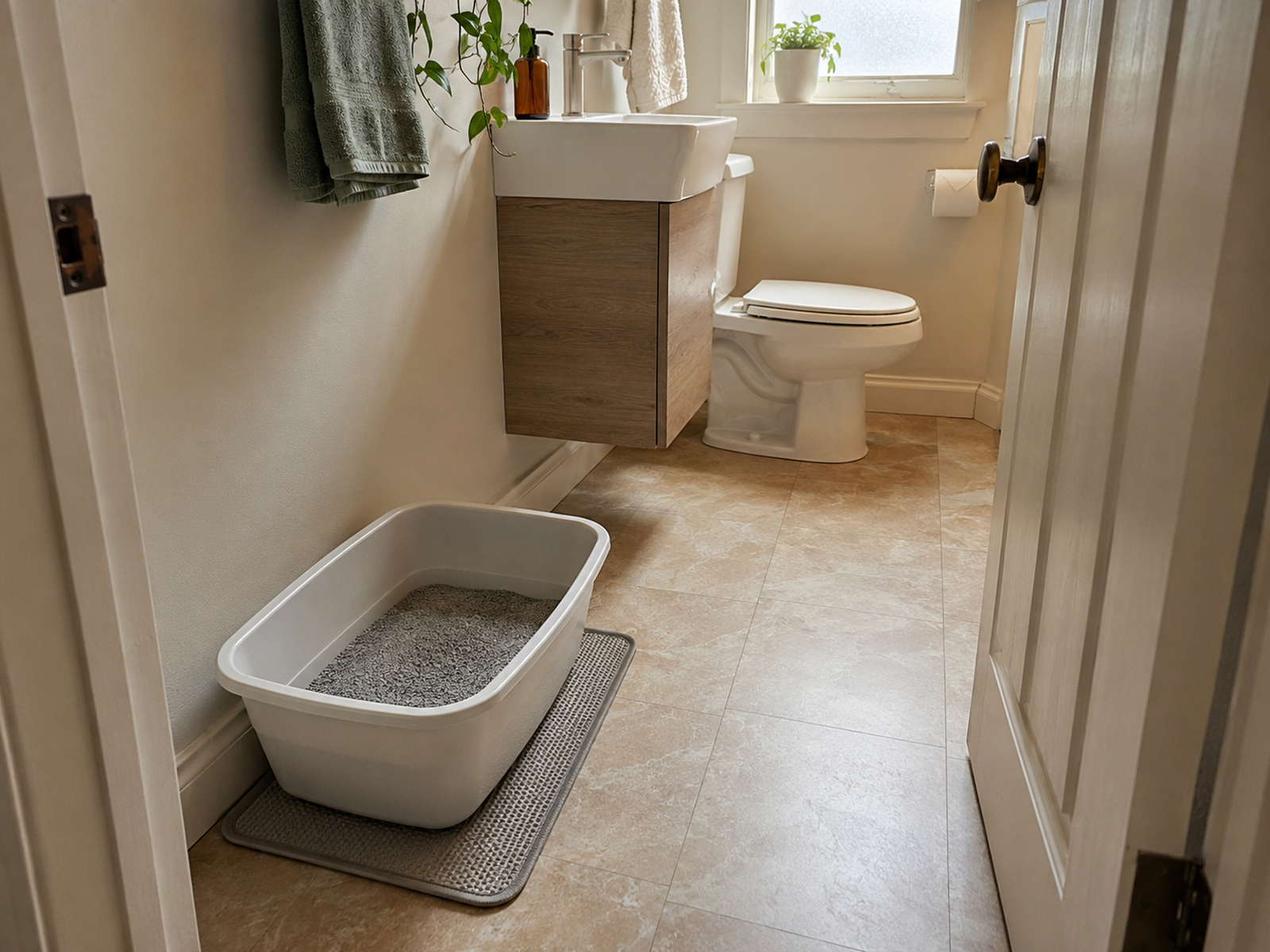 An open litter box on a removable mat sits along the wall of a small bathroom, leaving the inward-opening door, sink, toilet, and central floor access clear.