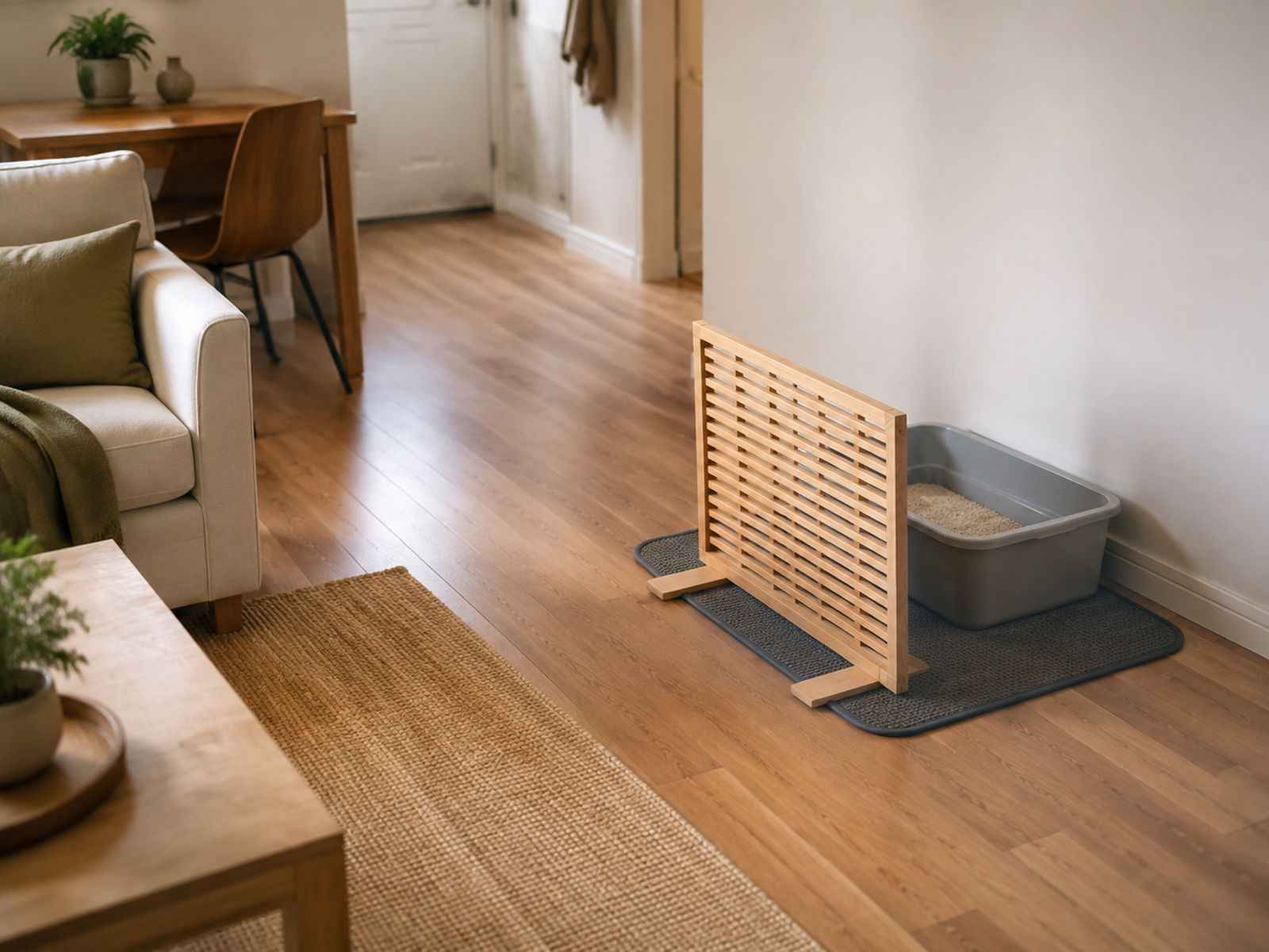 A low freestanding slatted screen partially shields an open litter box at a compact living-room edge while the opposite side and central walkway remain open.