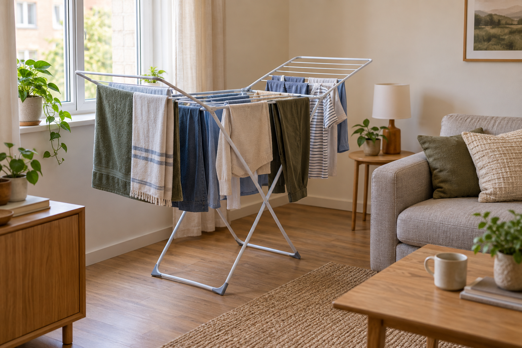 Freestanding drying rack set up beside a clear walking path in a compact apartment living room.