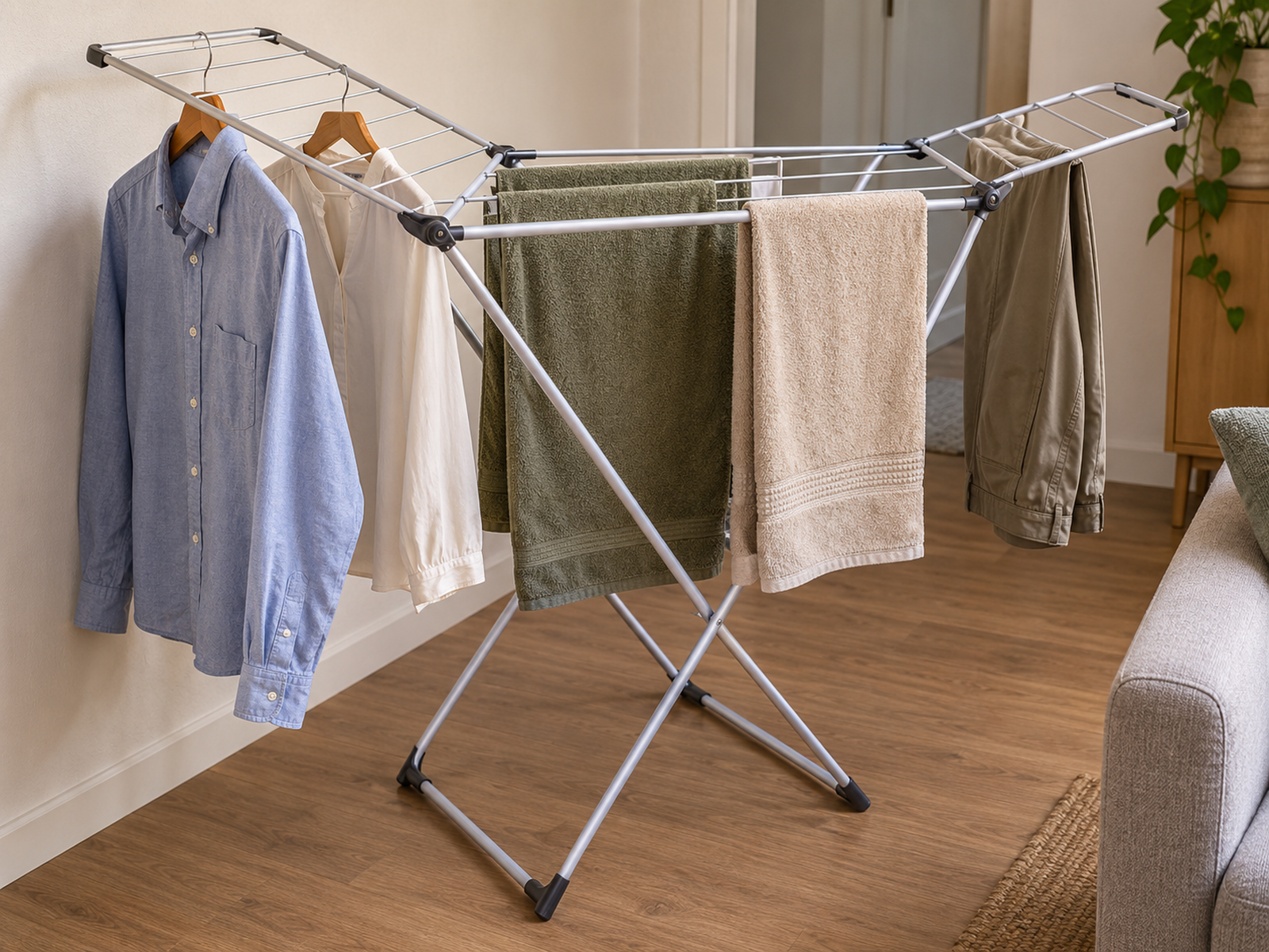 Loaded wing-style drying rack with shirts, towels, and trousers extending beyond the metal frame in a small room.