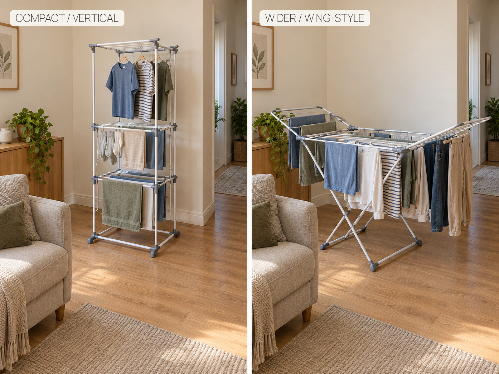 Side-by-side realistic comparison of a compact vertical drying rack and a wider wing-style rack in similarly small rooms.