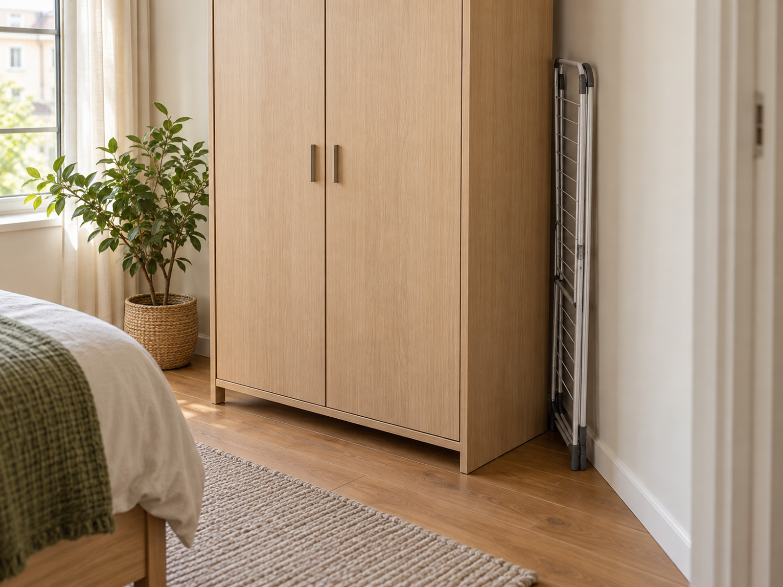 Folded clothes drying rack stored upright in the narrow floor gap beside a wardrobe after the room is cleared.