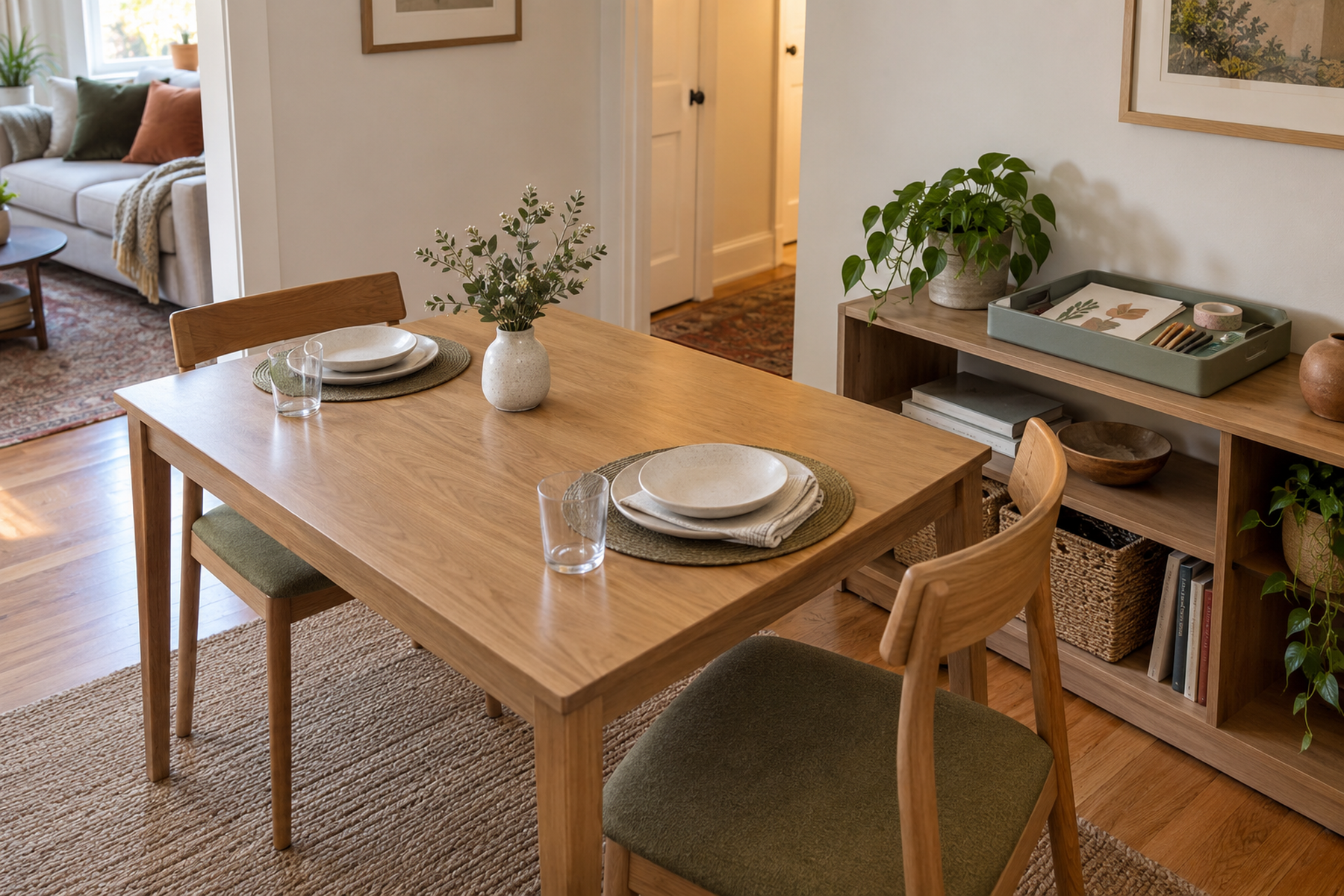 A clear small-apartment dining table set for two, with one unfinished paper-craft project contained in a shallow tray on a nearby shelf.