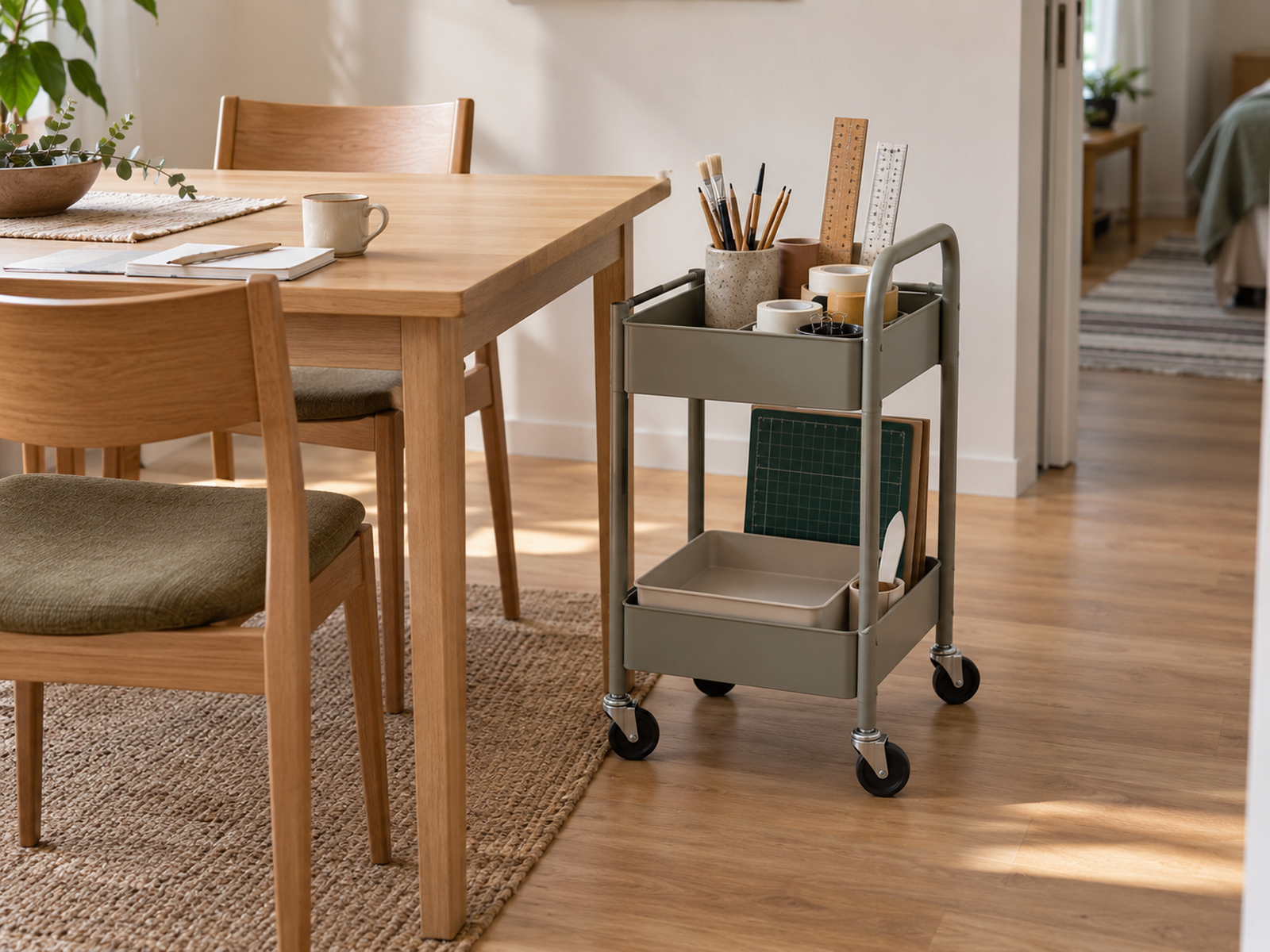 A compact rolling cart with lightweight core craft tools parked beside a shared dining table, with chairs and the aisle left clear.