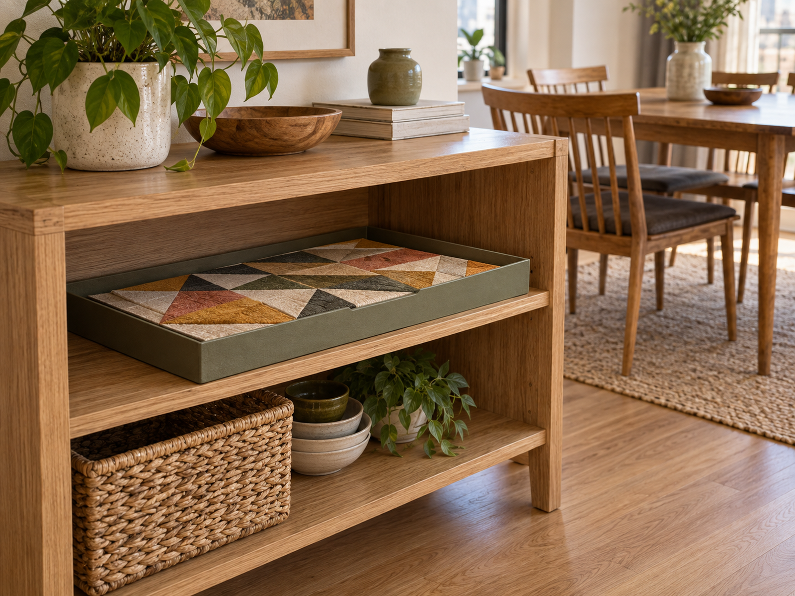 One oversized unfinished patchwork project stored flat in a shallow removable tray on a lower shelf beside a clear dining table.