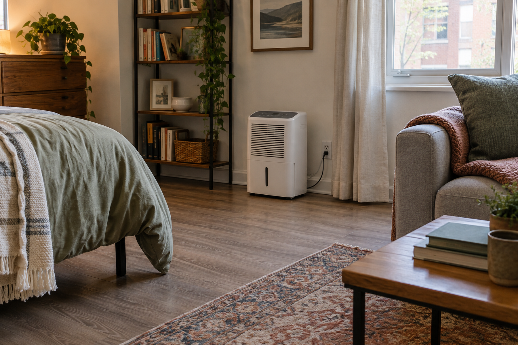 A portable dehumidifier stands in an open floor zone of a compact room, with clear front access, a nearby outlet, and an open walking path.