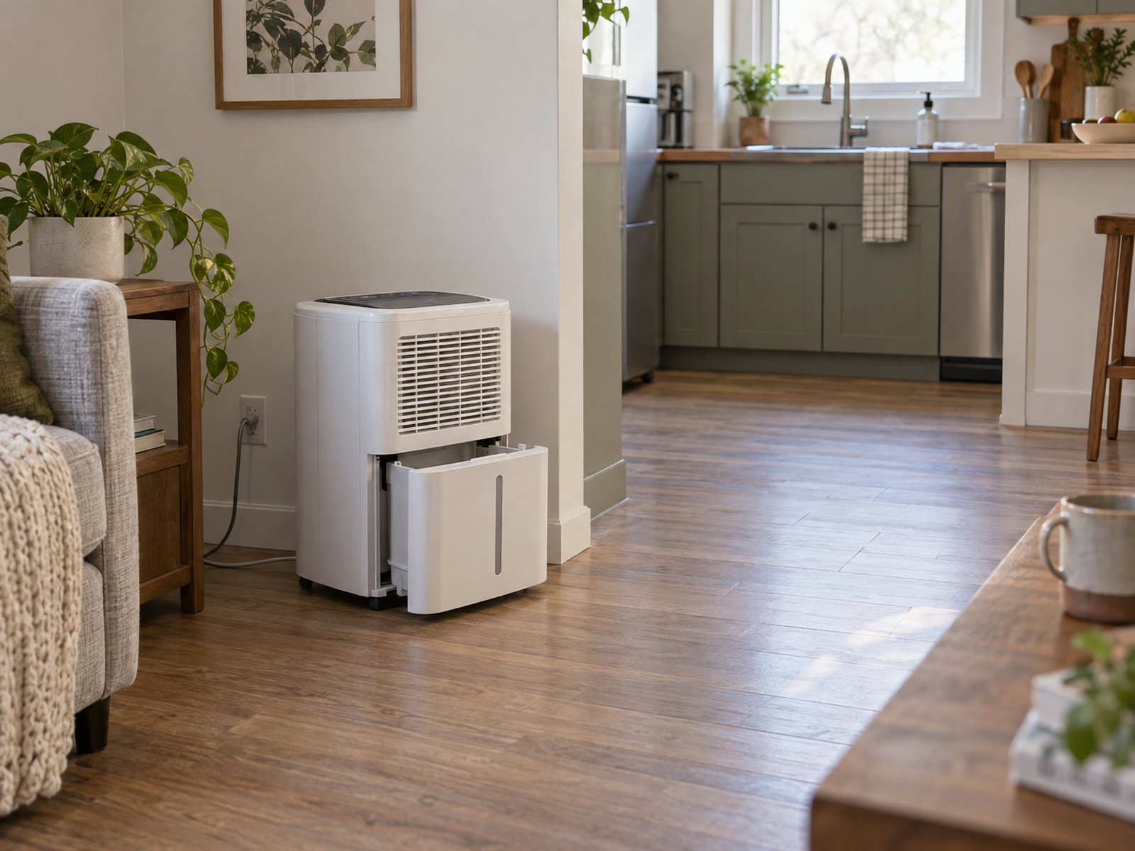 A portable dehumidifier has its bucket partly withdrawn beside a clear, short carrying route to a nearby kitchen sink.