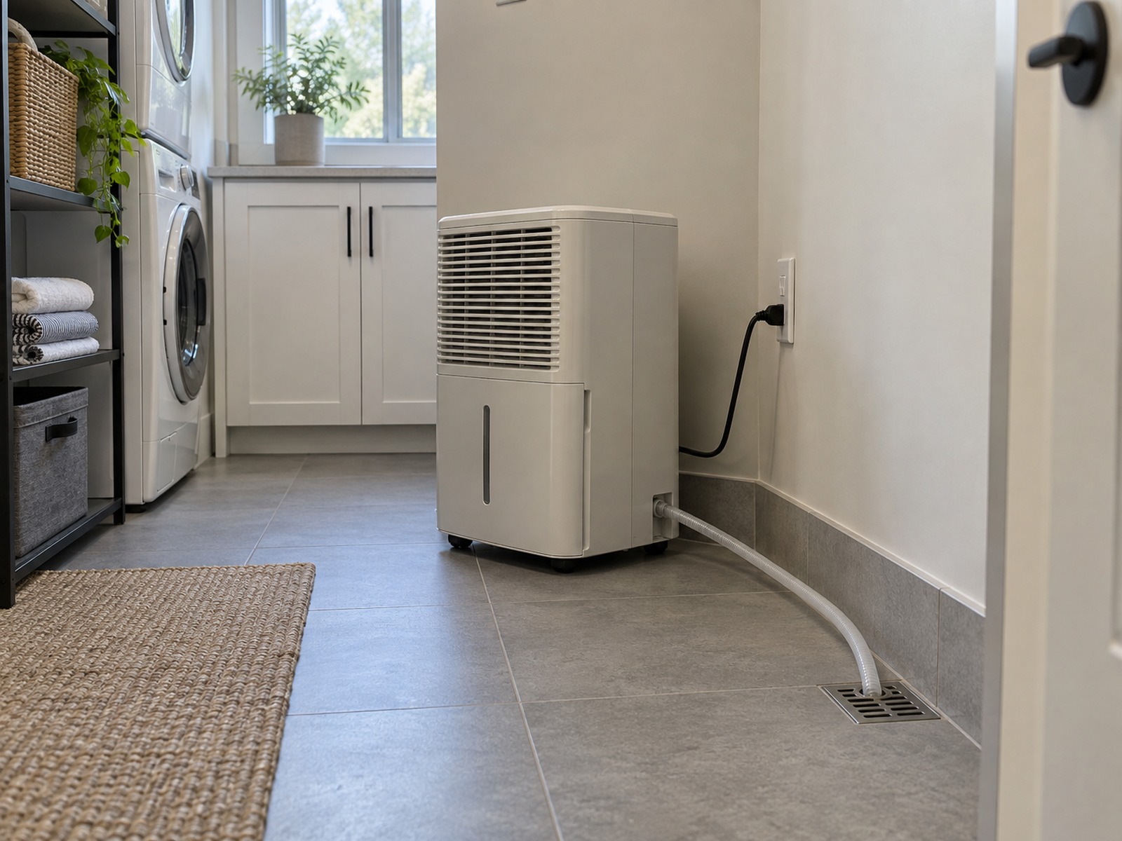 A dehumidifier drains through a short descending hose to a nearby floor drain, with power and walking paths kept separate.