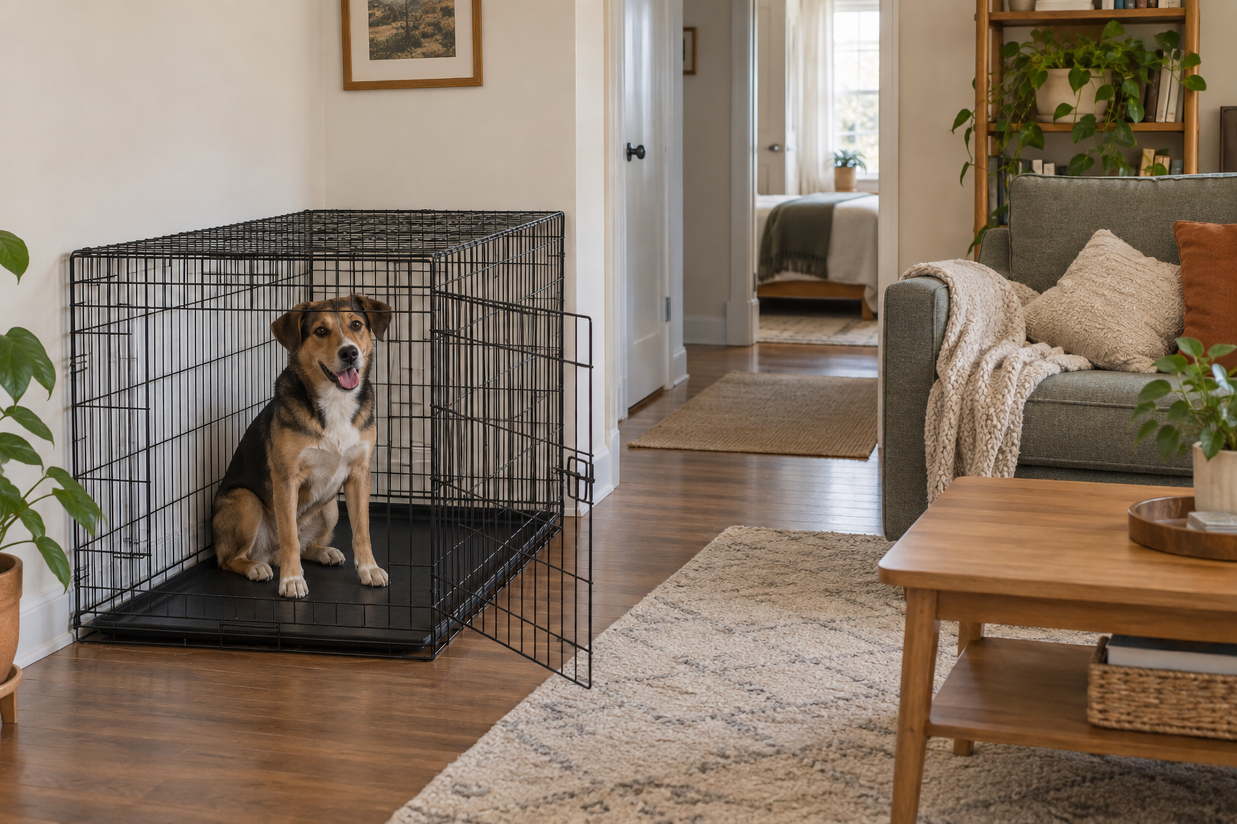 A correctly sized wire dog crate along a small living-room wall with clear access, ventilation, and an open walking path.