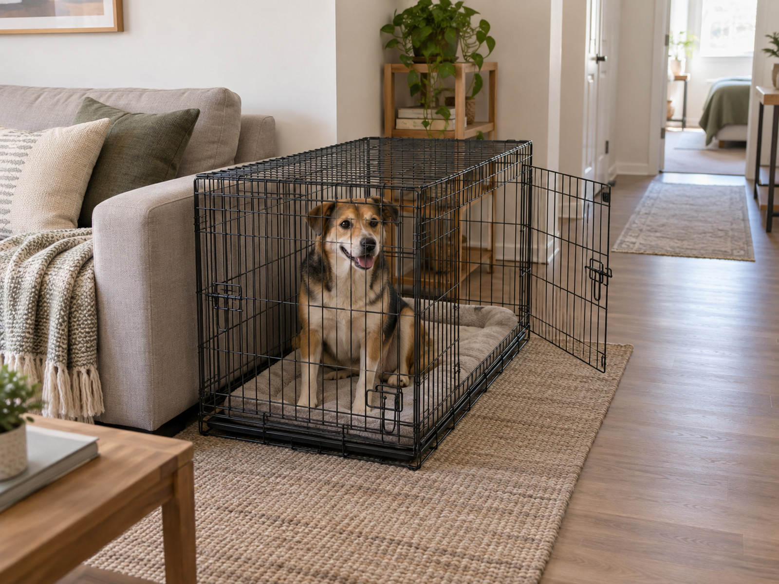 A double-door wire dog crate beside a sofa with its side entrance open into clear floor space.