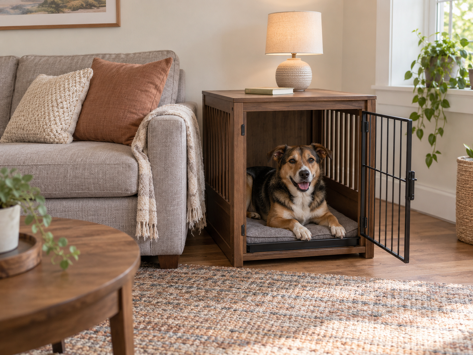 A ventilated furniture-style dog crate beside a small sofa serving as an end table with its front door open.
