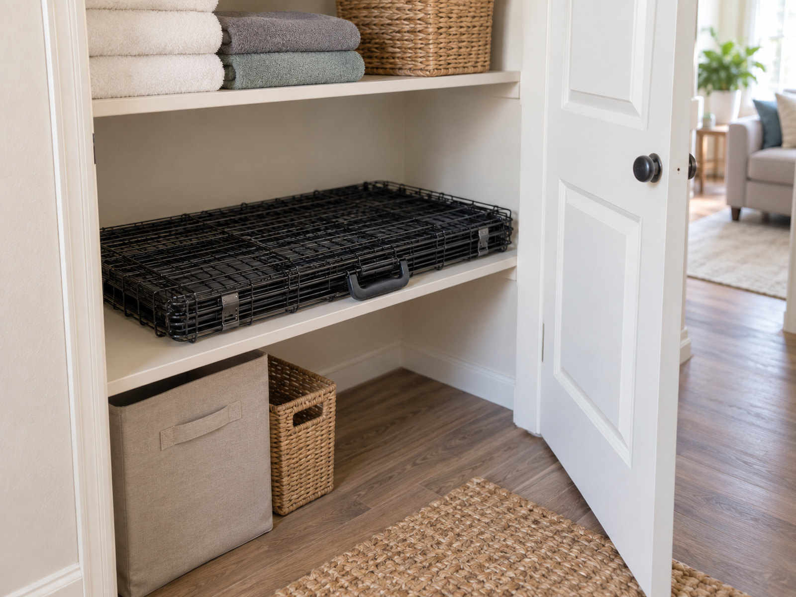 A folding wire dog crate collapsed flat and stored horizontally on a low shelf in a dry apartment closet.