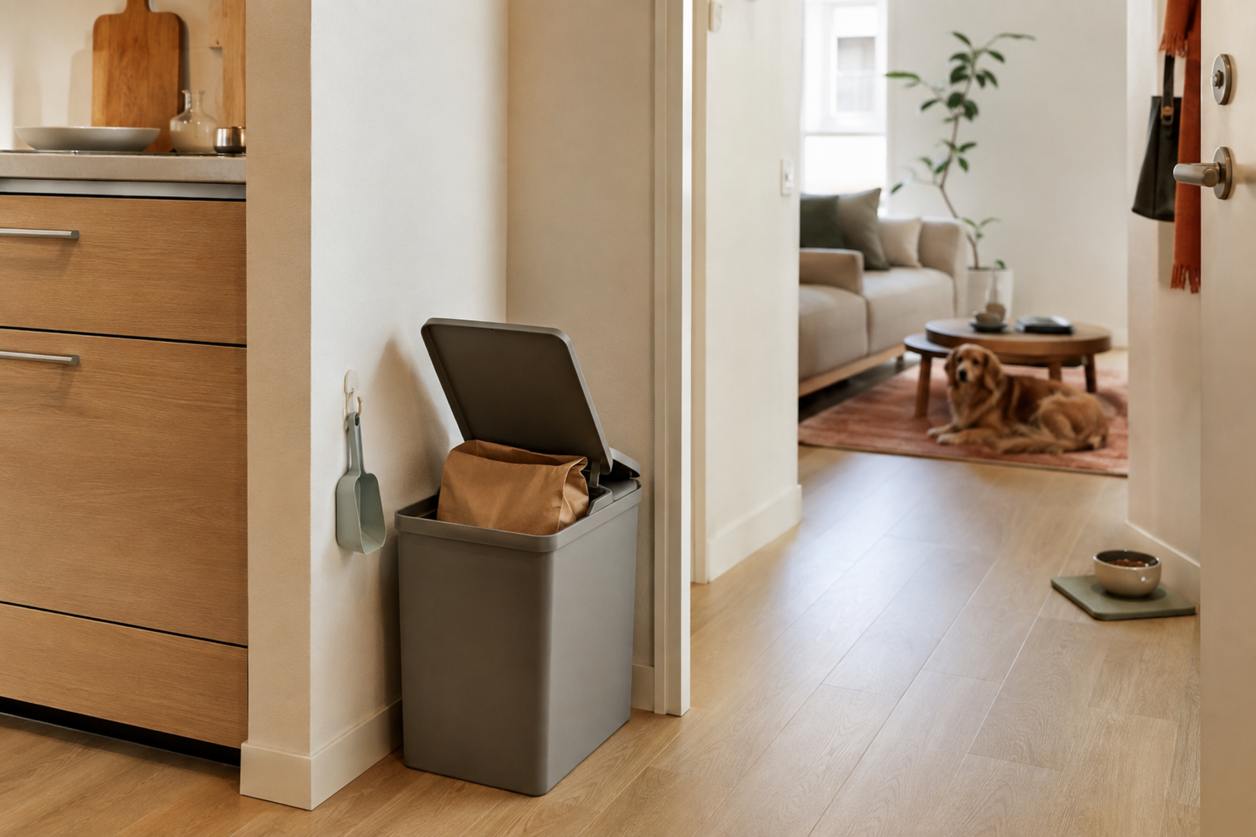 A bulky unbranded bag of dry pet food sits inside a secure low bin at the edge of a compact apartment kitchen, with the cabinet, doorway, and walkway kept clear.