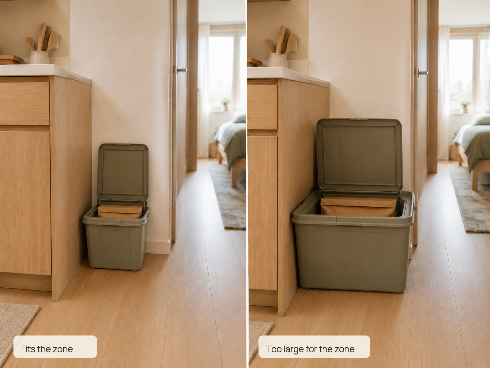 The same compact apartment storage zone shown twice: a smaller pet-food bag and bin fit within the wall edge, while a larger bag and bin extend into the walking path.