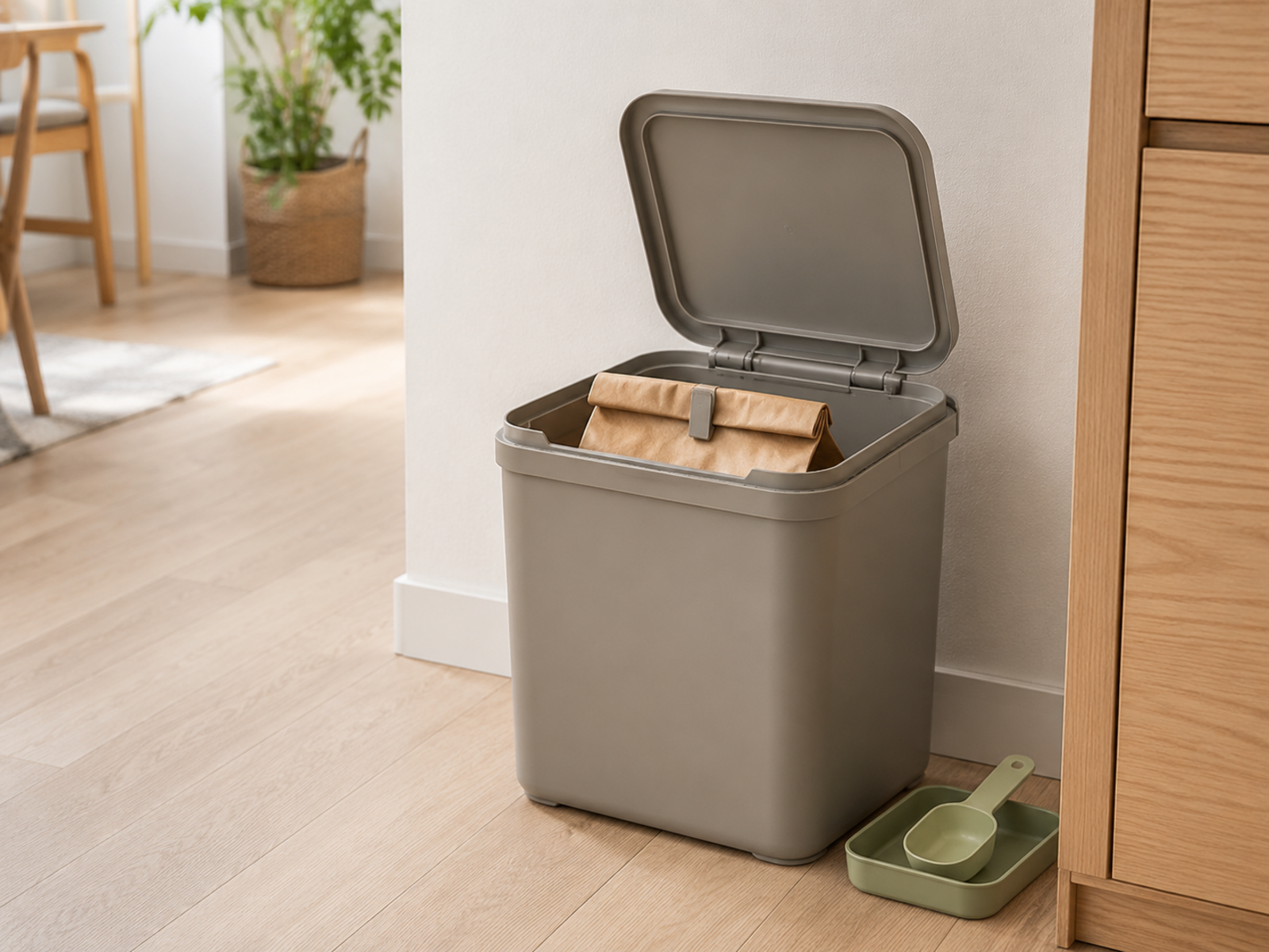 An intact folded bag of dry pet food rests below the rim of a low lidded storage bin, leaving enough clearance for the lid to close normally, with a clean scoop stored separately.