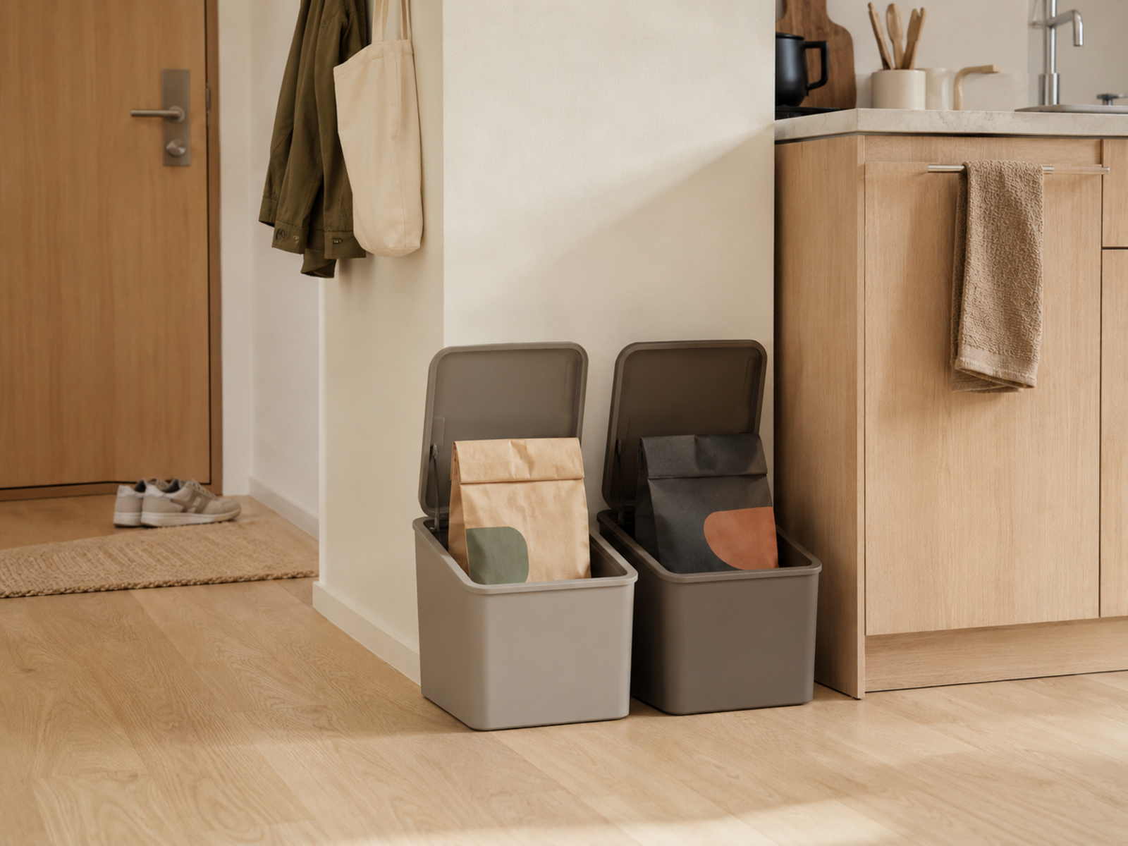 Two visually distinct unbranded dry pet-food bags are stored separately in two low secure bins within one compact apartment zone, with direct access to each and the walkway clear.
